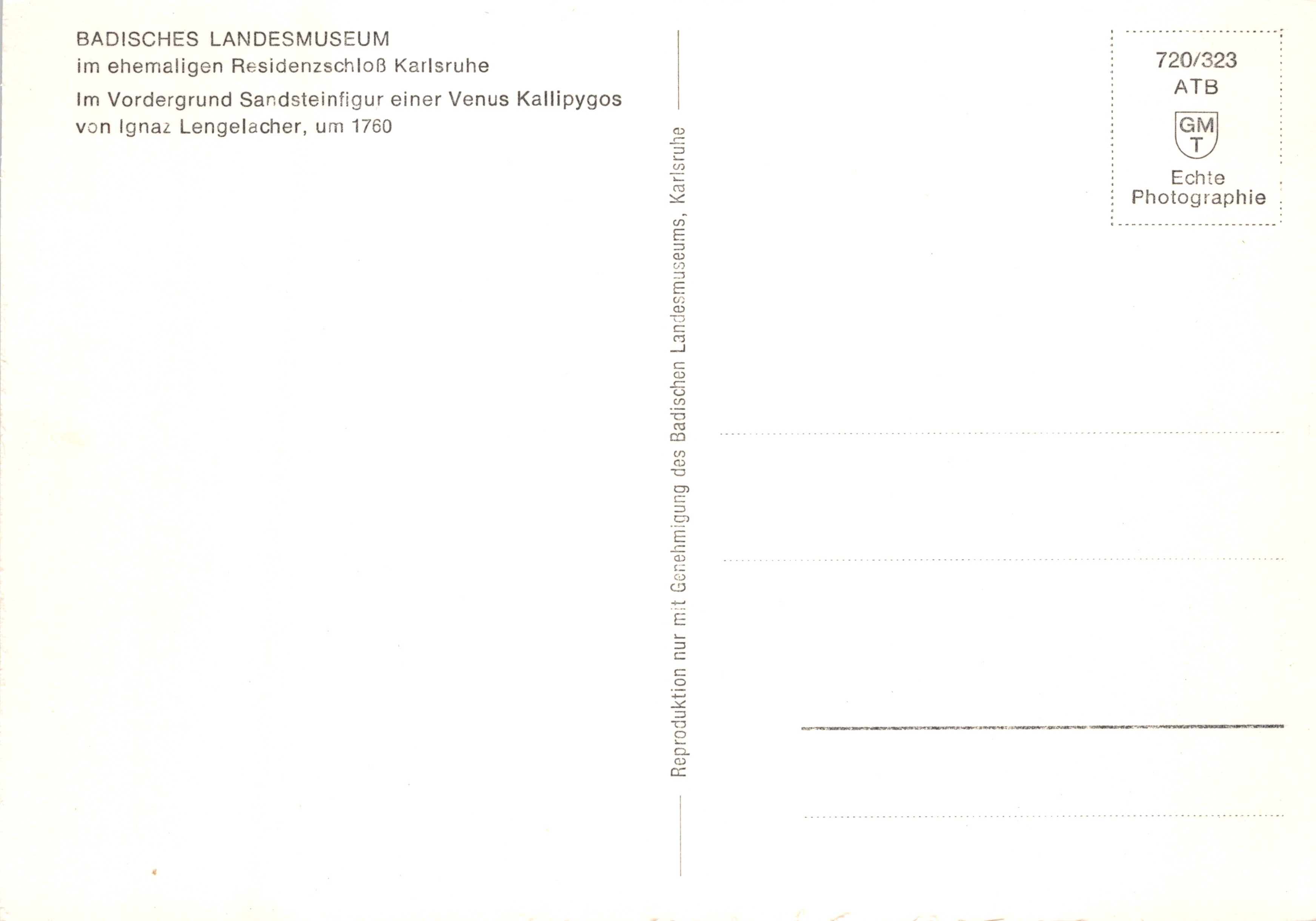 Vénus Kallipygos — steenbeeld in het tuin van het kasteel — uitgever ATB, n° 720/323 — Achterkant