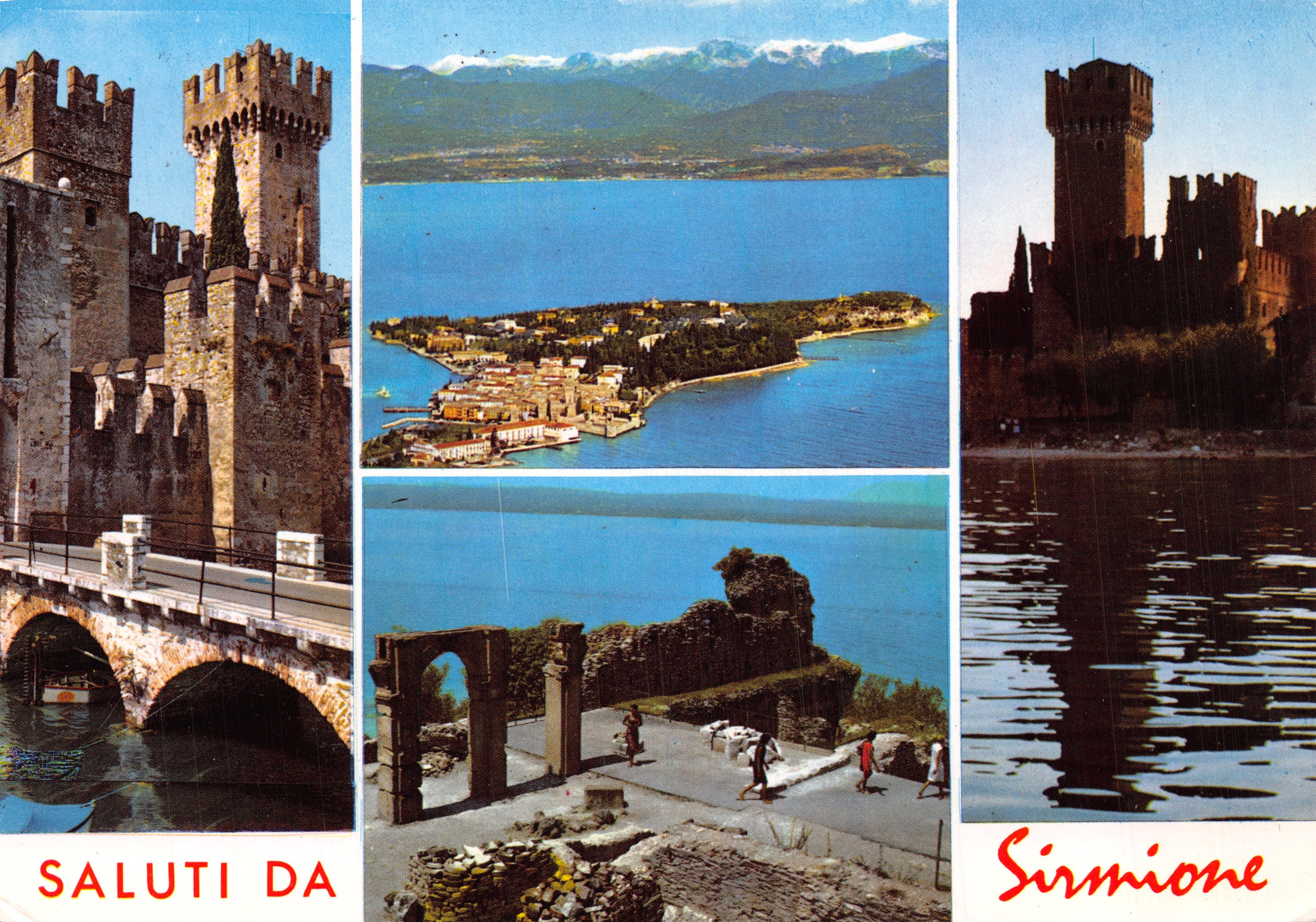 Sirmione — vista del castillo, del lago y de las ruinas — editor Brunner & C
