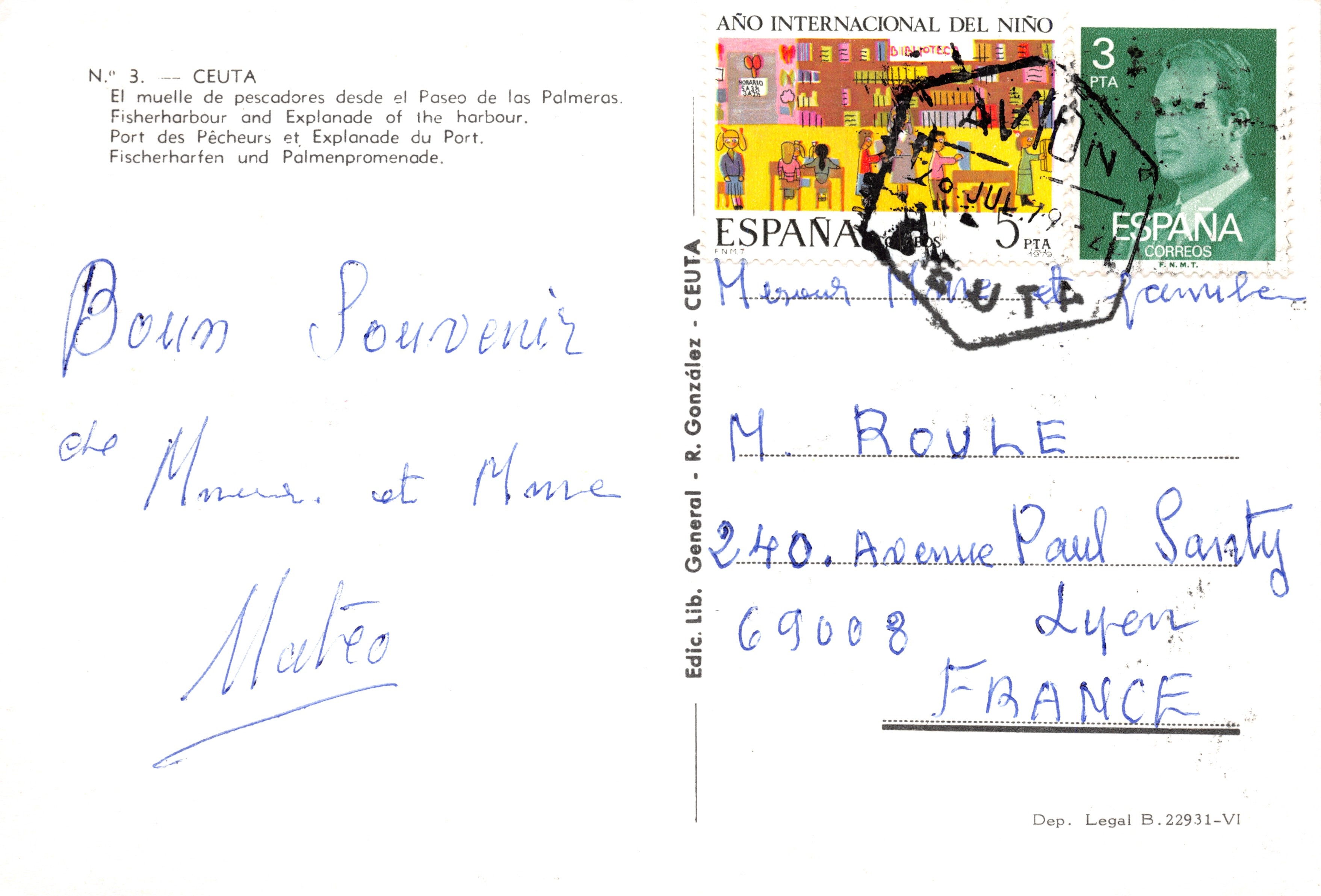 Ceuta — Port des pêcheurs et promenade des palmiers — Éditeur R. González, N° 3 — Reverso