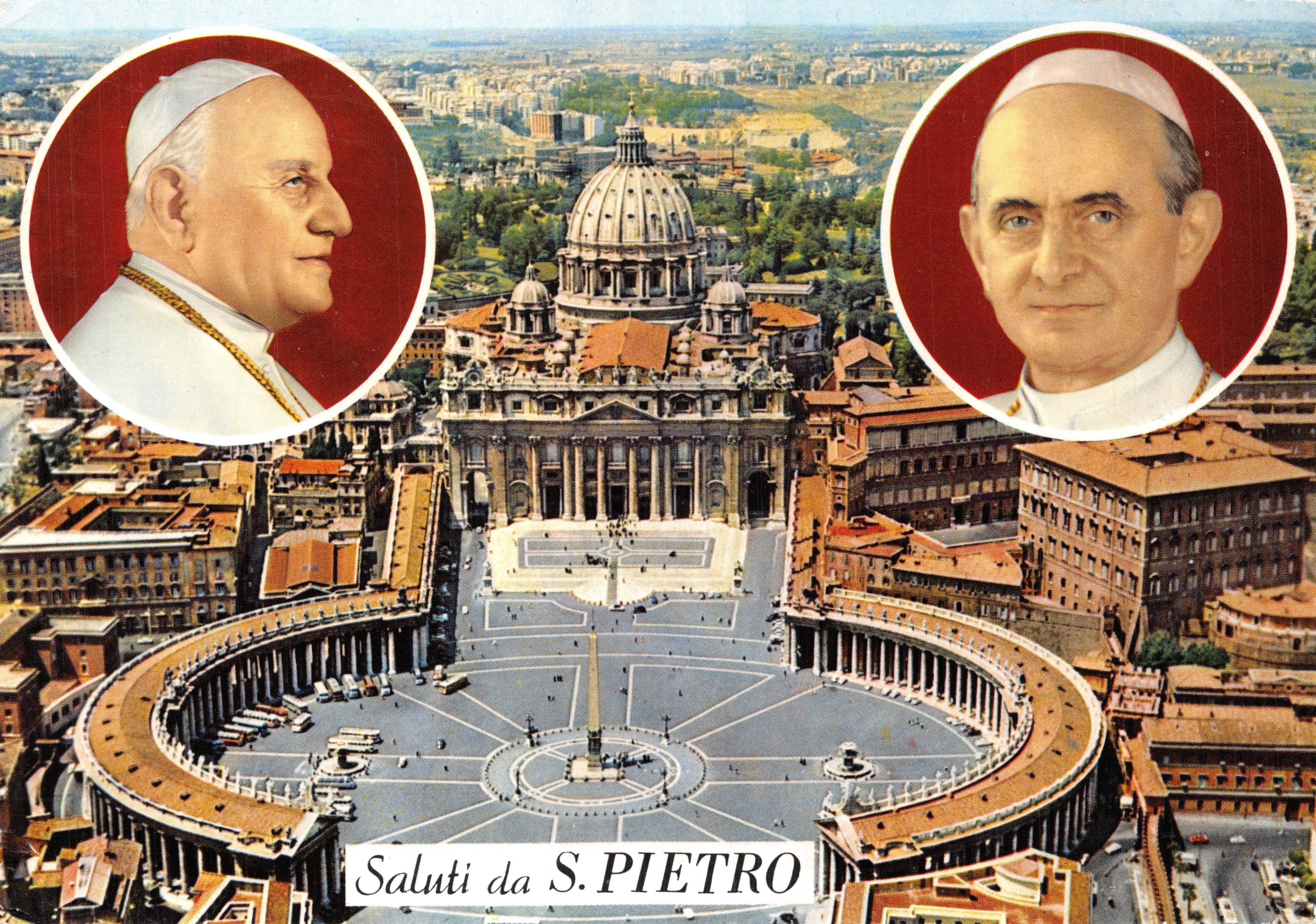 Plaza San Pedro — vista aérea con retratos de dos papas — impreso 'Saluti da S. PIETRO' y 'Stampata in Italia'