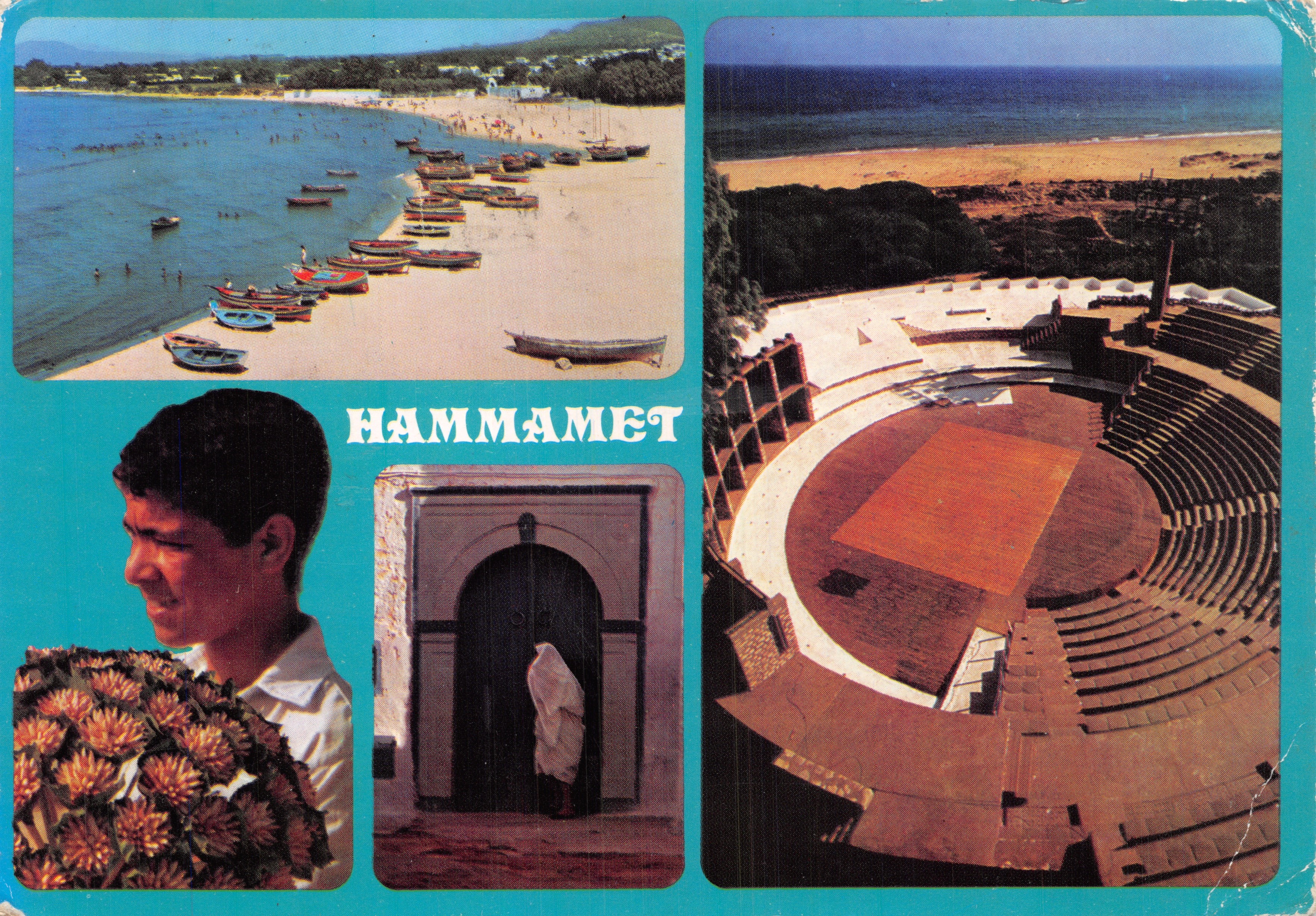 Hammamet — vue de la plage, du théâtre antique et d'un jeune homme avec des fleurs — Éditions TANTIT