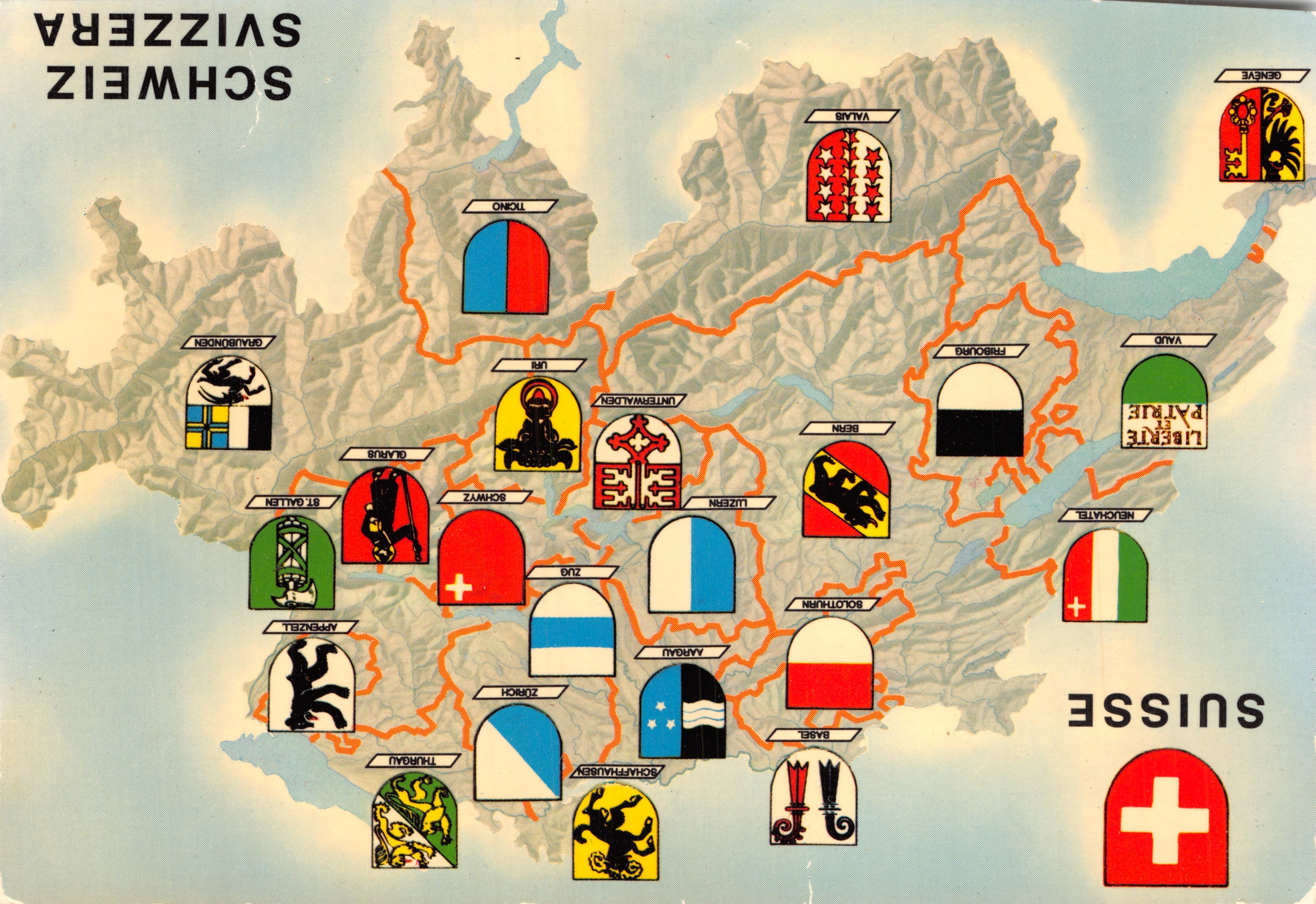Kaart van Zwitserland — topografische kaart met wapens van de kantons — uitgegeven door LINDA COLOR S.A. Genève, n° 3126
