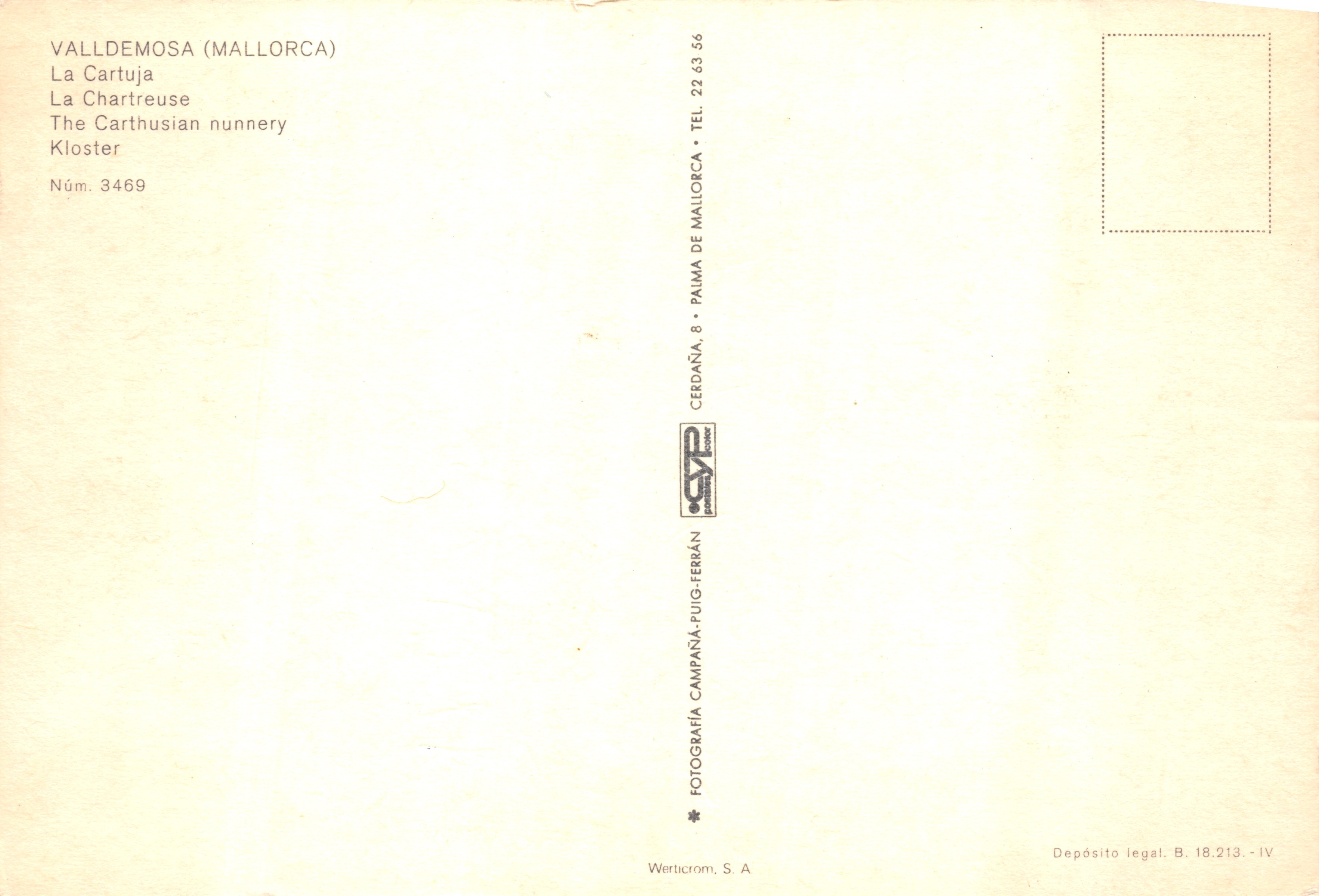 Valldemosa (Mallorca) — El Monasterio, editor Werticrom, S.A. n° 3469 — Reverso