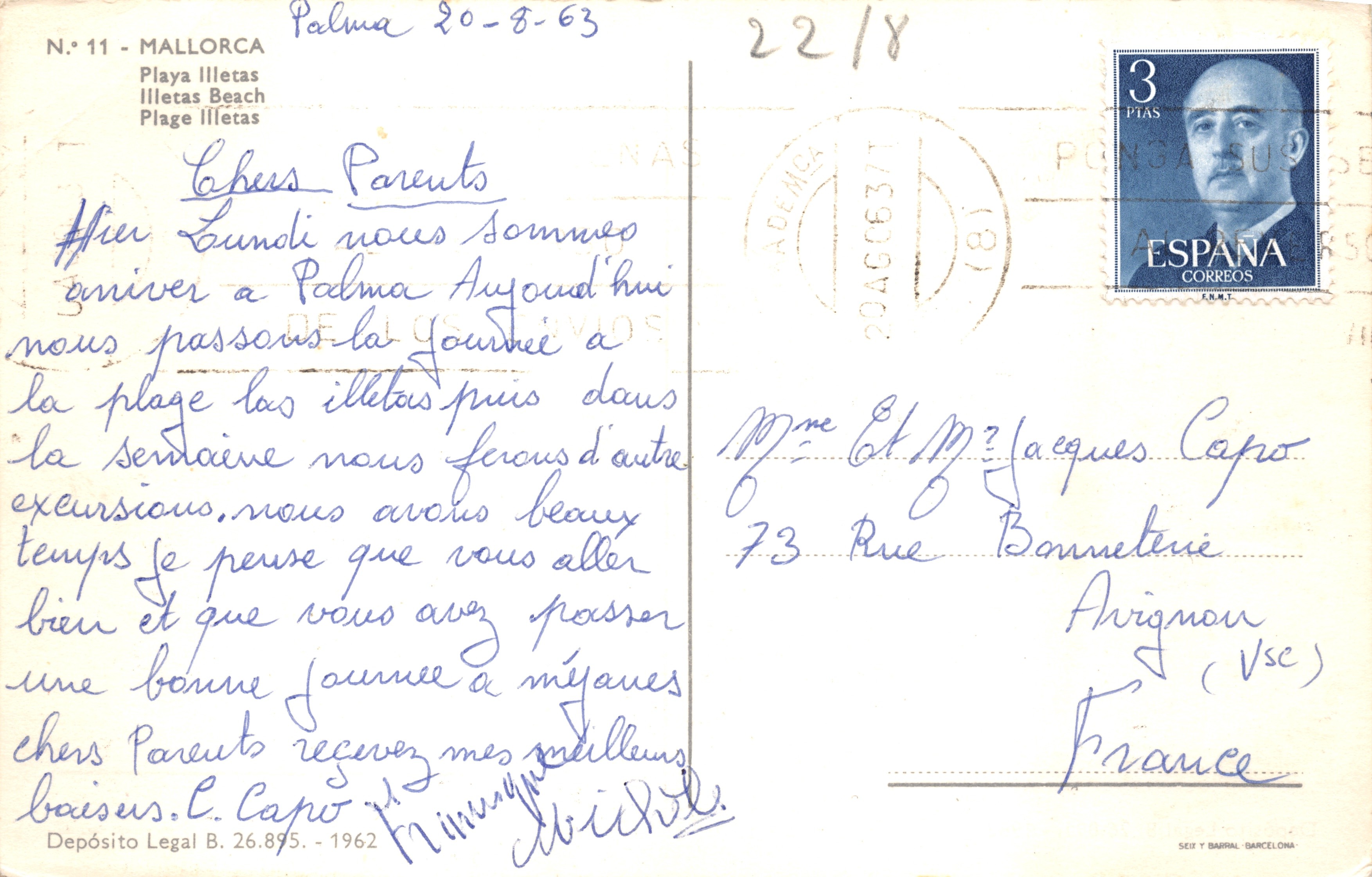 Plage d'Illletas — panoramische uitzicht op de baai en badgasten — uitgever Depósito Legal B. 26.875. - 1962 — Achterkant