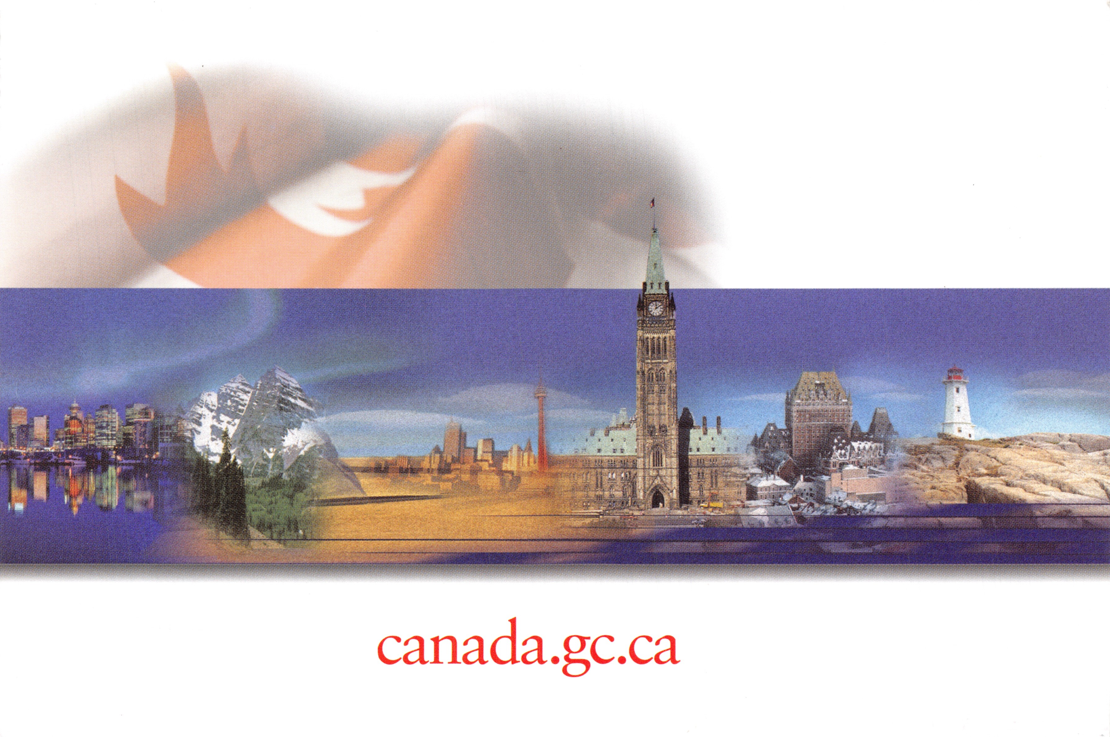 Canadian Panorama — composite view of emblematic Canadian locations with Canadian flag in the background — publisher: Government of Canada