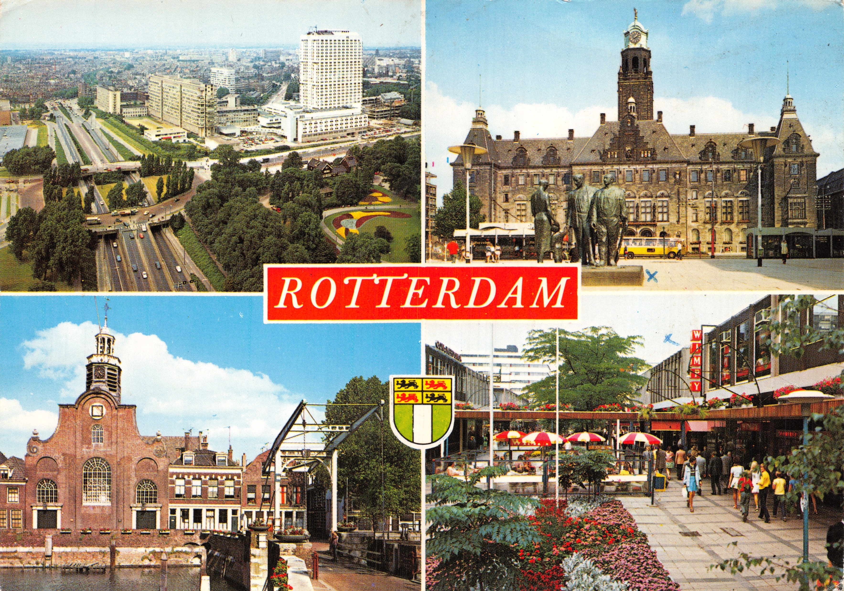 Rotterdam — Panoramablick, Rathaus, Kirche und Markt — Verlag Geb. Spriestersberg