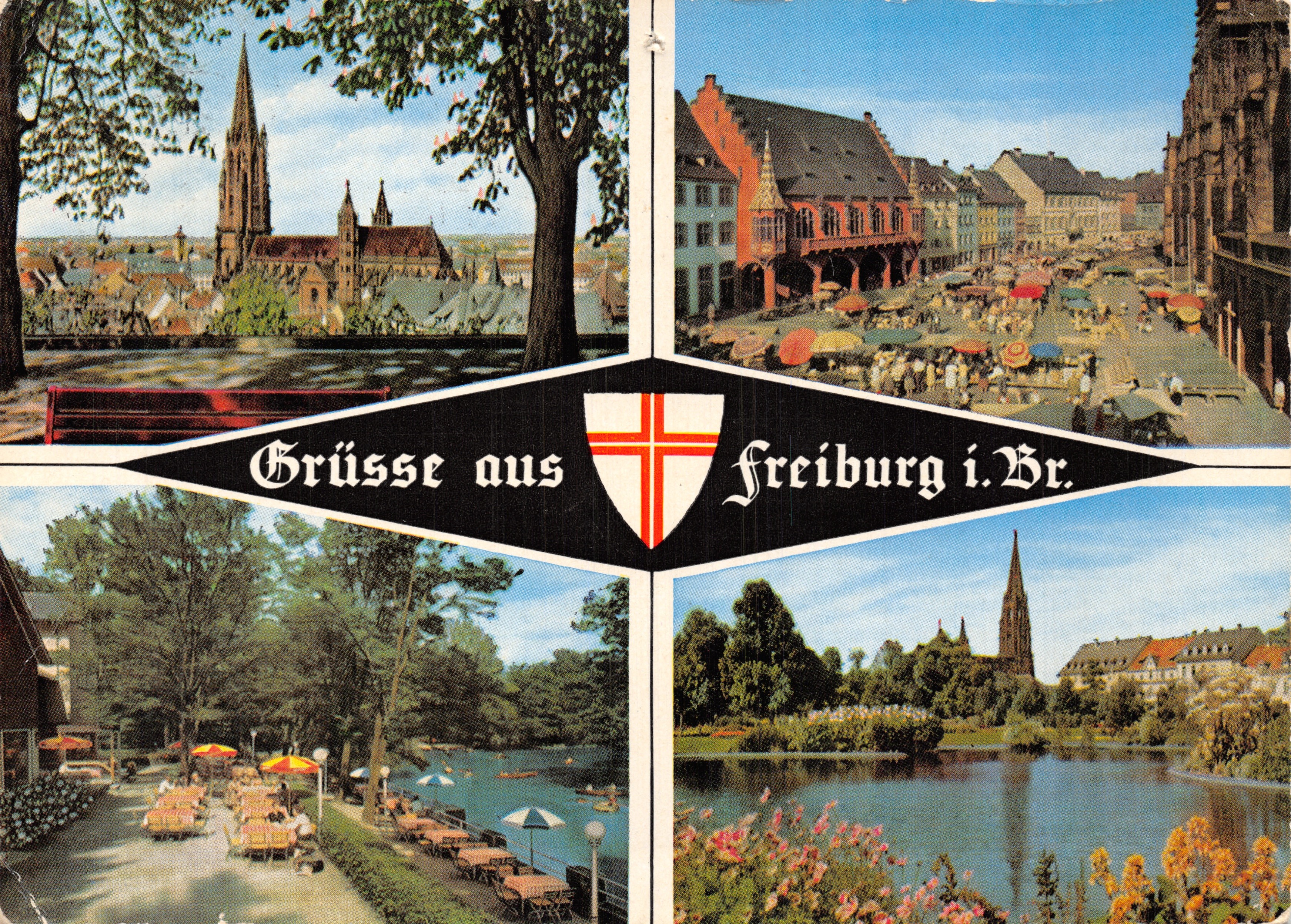 Freiburg i. Br. — vista panoramica con edificio religioso, mercato, lago e parco — editore Schmelzer-Nicolai-Verlag KG