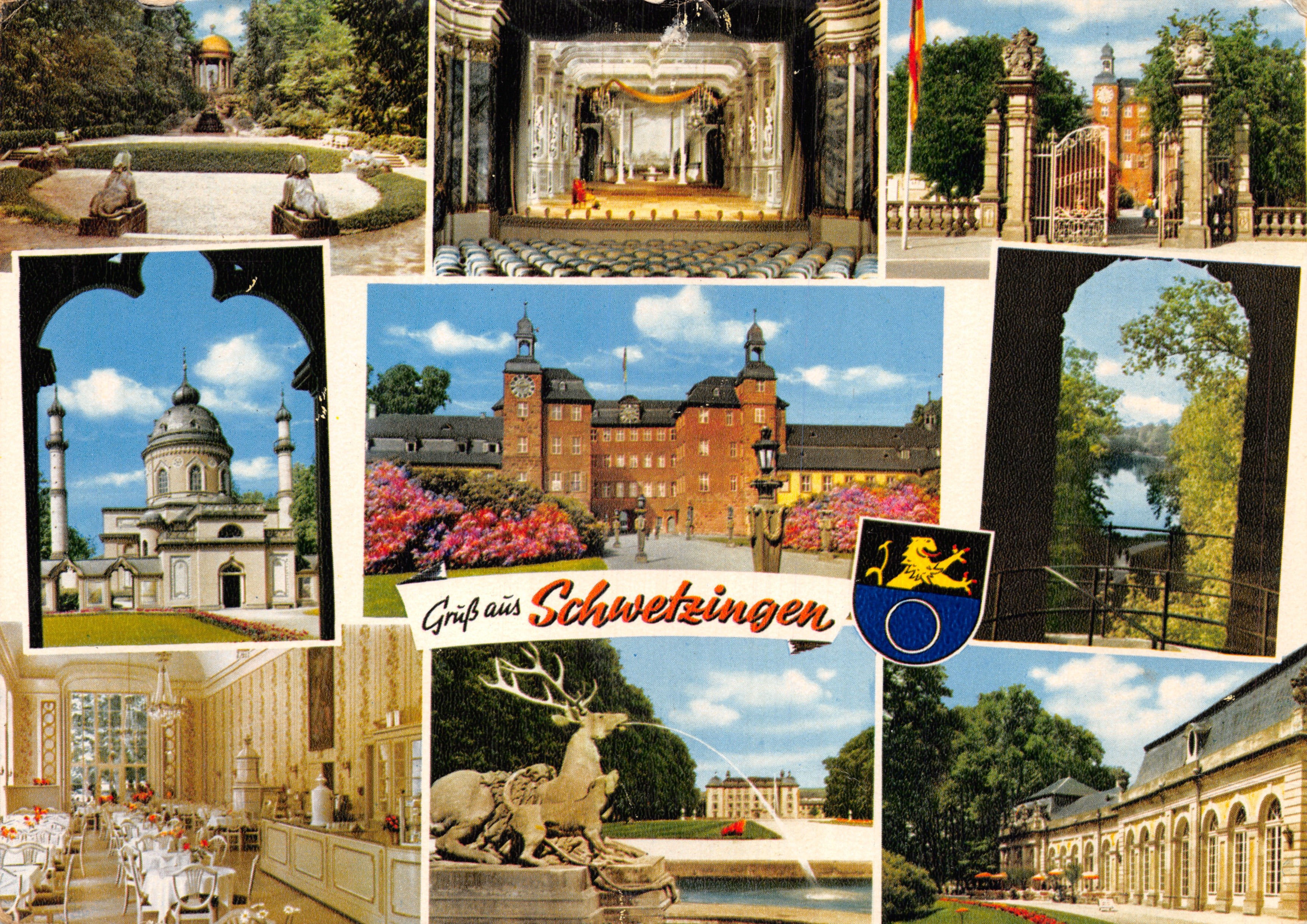 Schwetzingen — Collage of emblematic sites — publisher Georg Stilke GmbH, Köln