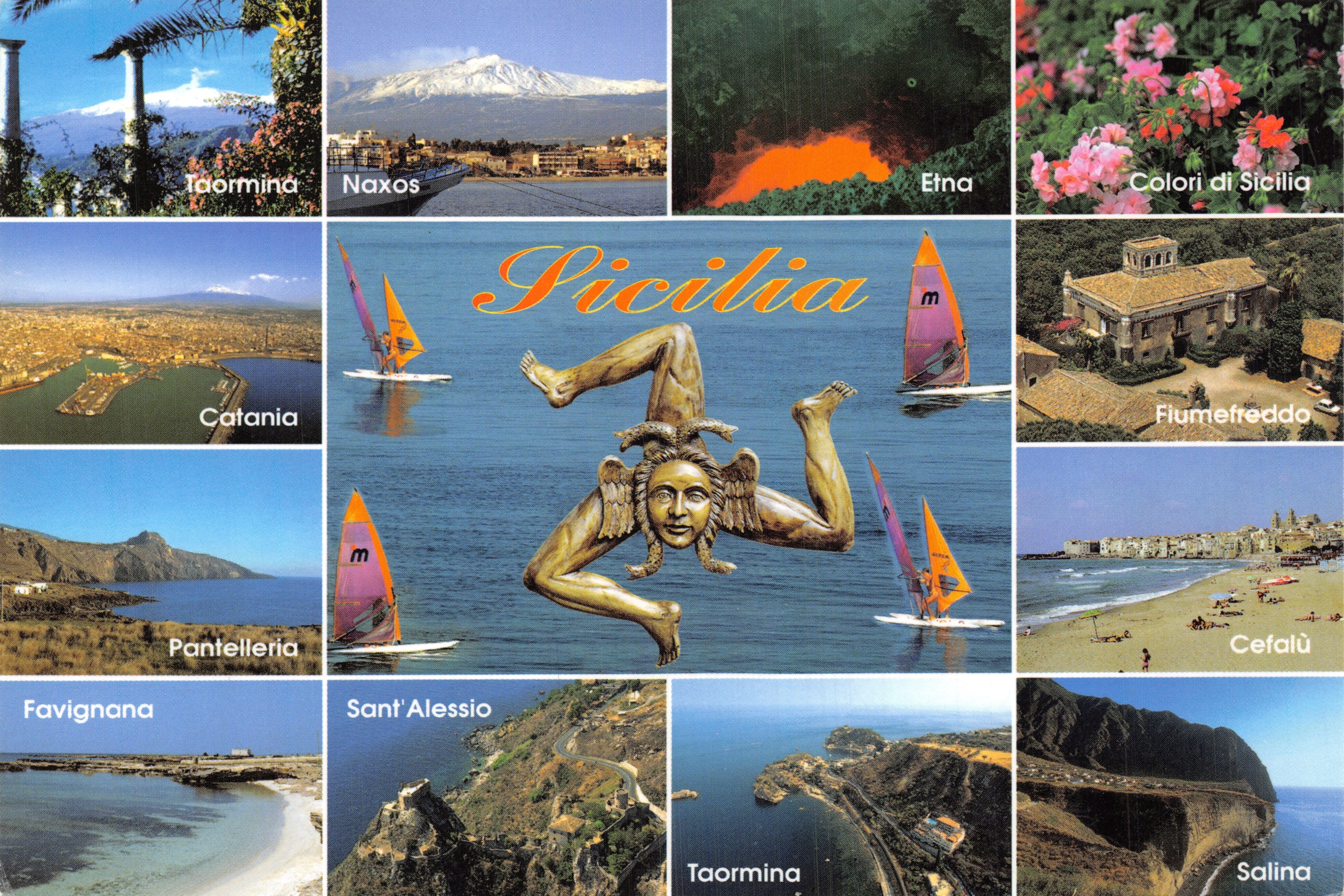 Sicilia — Collage di paesaggi e siti (Taormina, Etna, Catania, ecc.) — Ed. Foto © Nino Malambri, 158 - Taormina