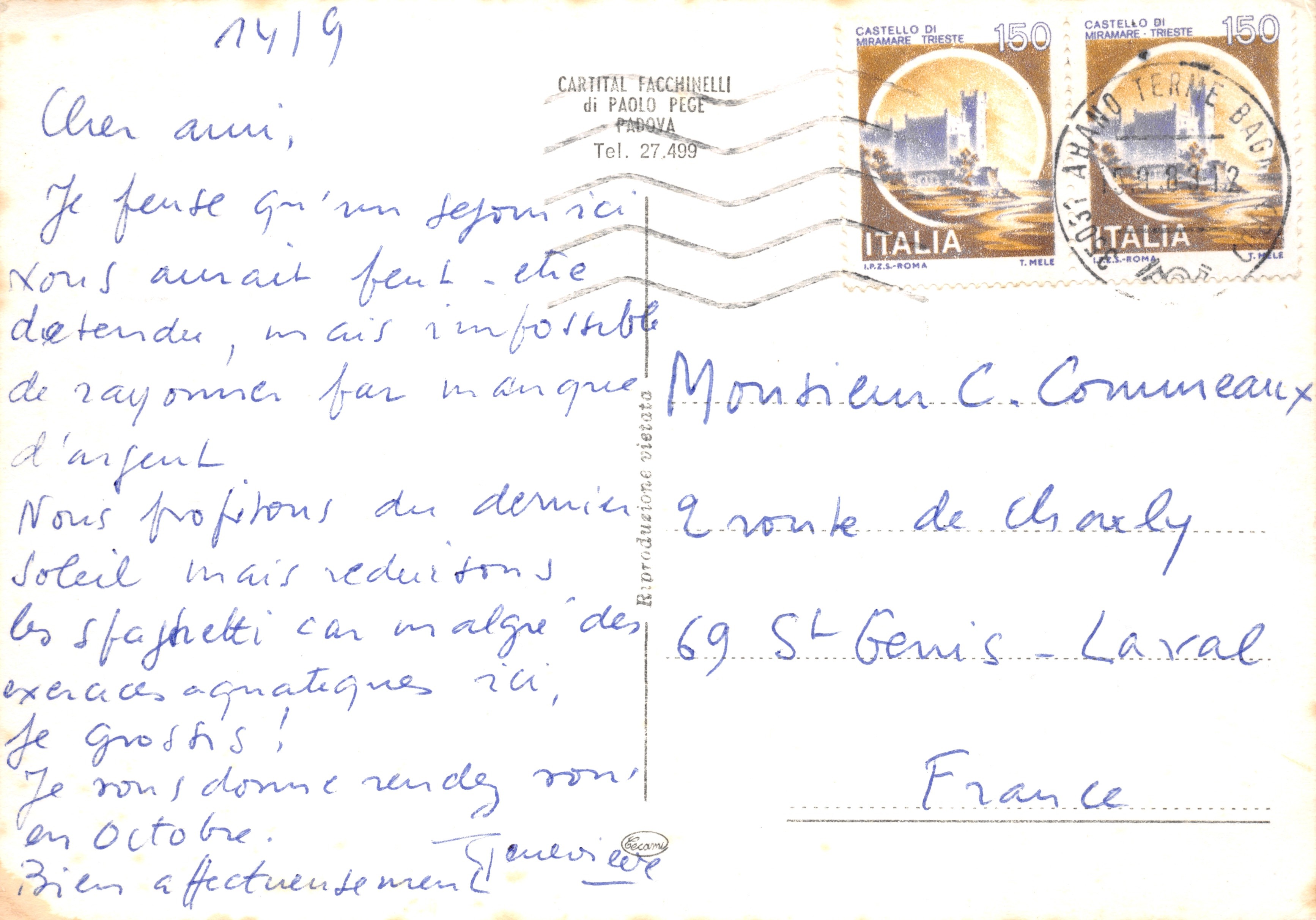 F. Petrarca et V. Alfieri — Sonnet d'Alfieri sur la tombe de Petrarca à Colli Buganèi — éditeur Cartital Facchinelli — Verso