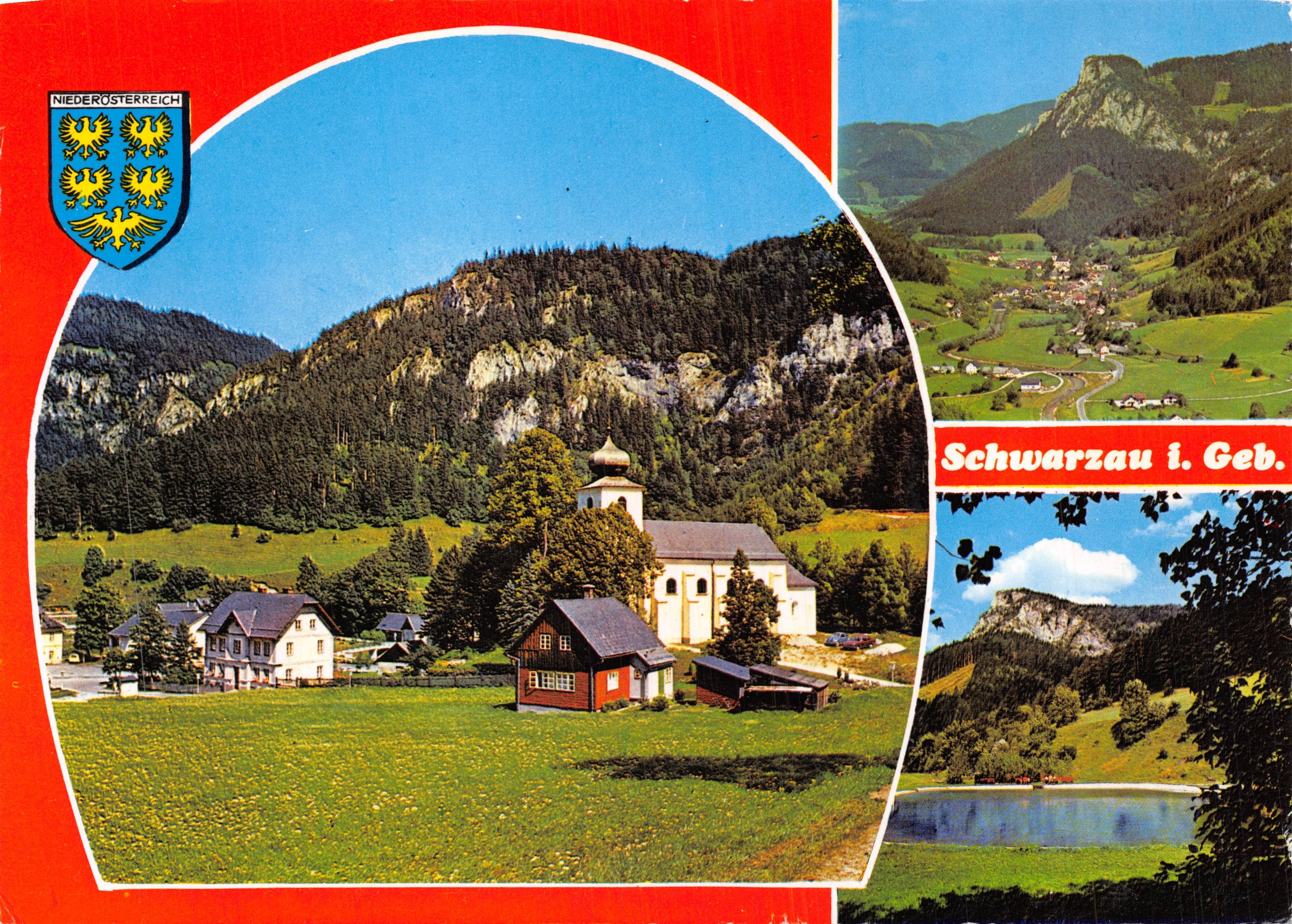 Schwarzaui Gebirge — vue panoramique avec église et lac — éditeur KURT FASCH