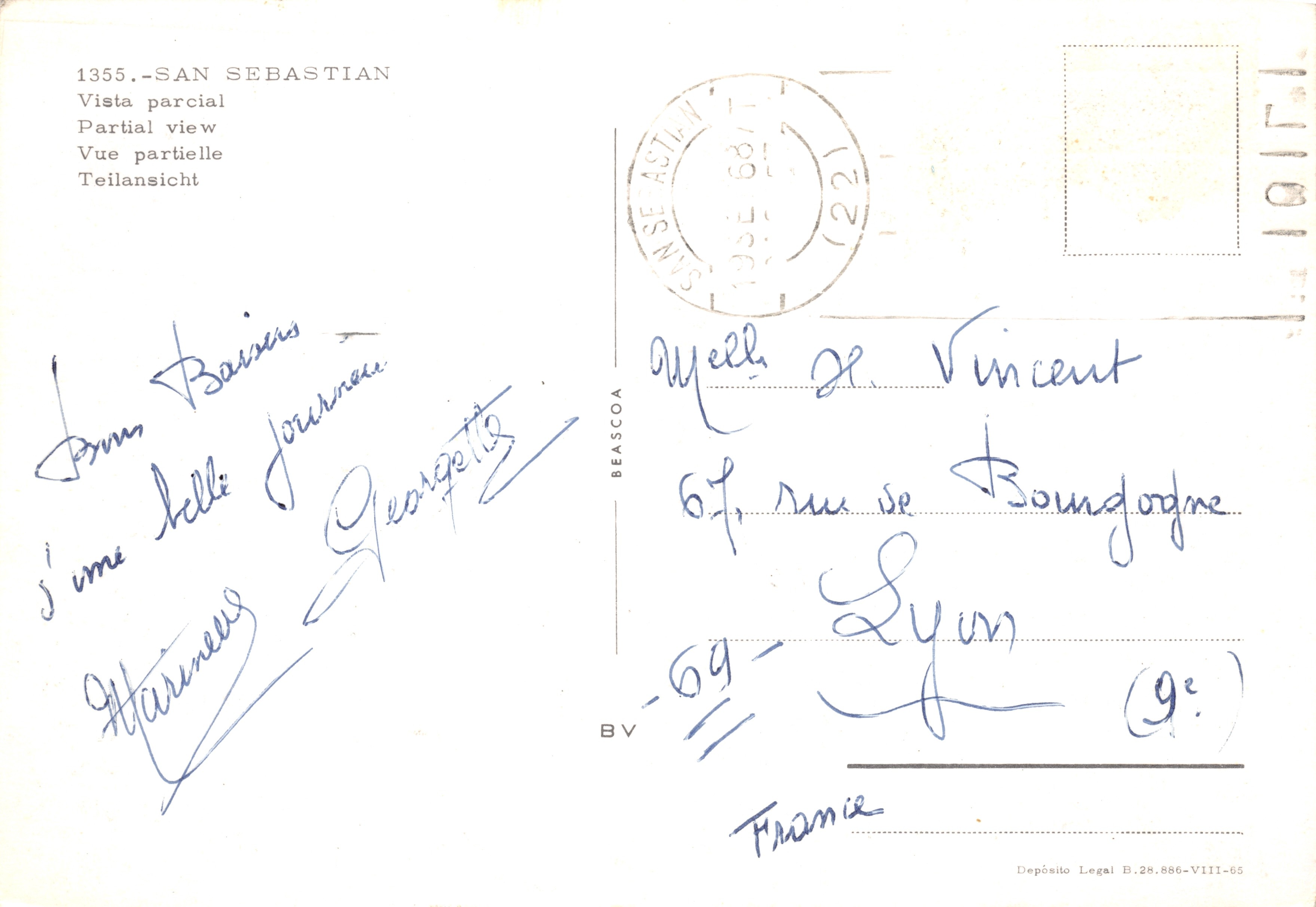 San Sebastián — vista parcial del puente y del monte Igueldo — editor Beascoa, n.º 1355 — Reverso