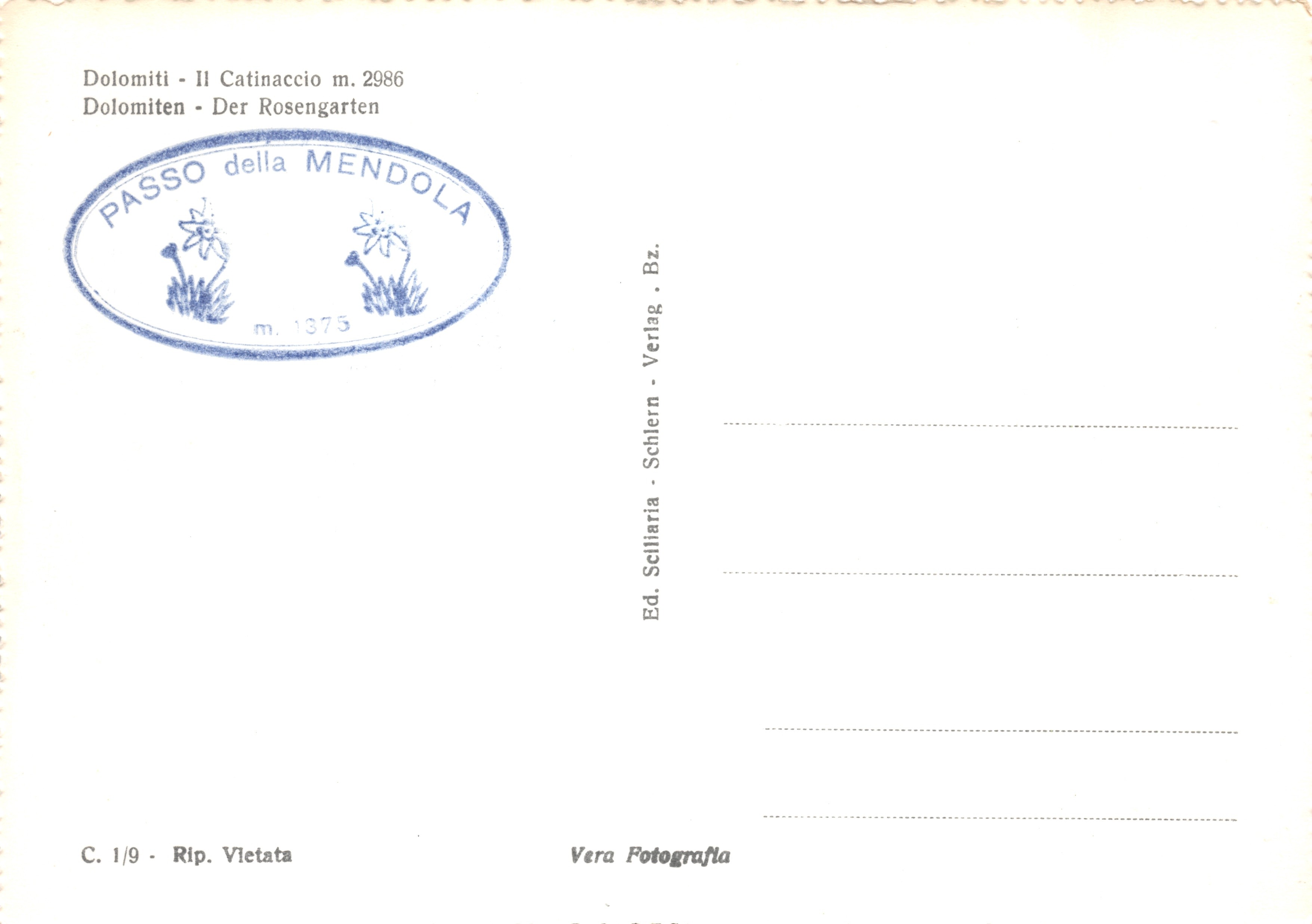 Passo della Mendola — Vue du Catinaccio m. 2986 — Vera Fotografia — Reverso