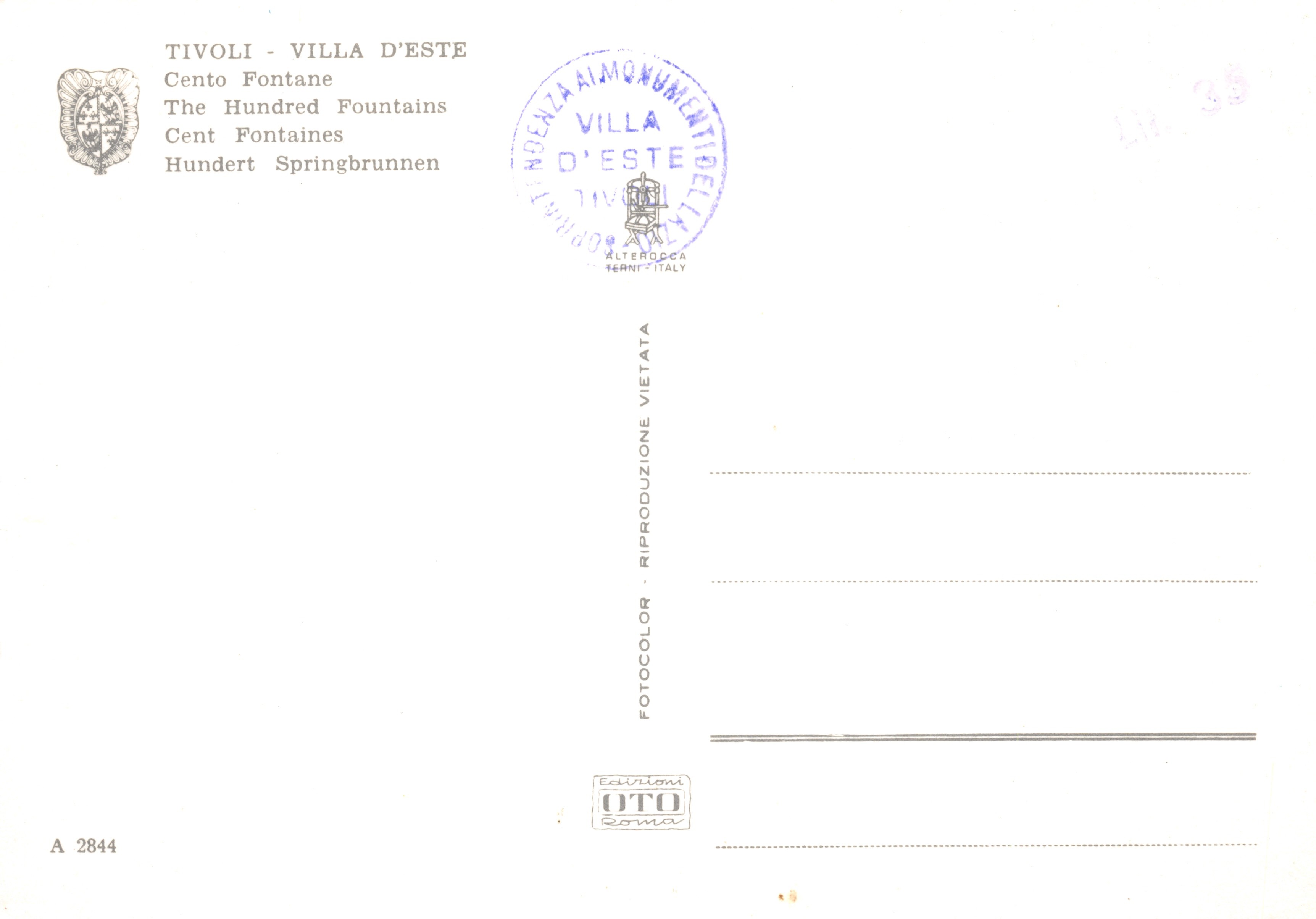 Tivoli - Villa d'Este — Cien fuentes (100 Fontaines) — editor Fotocolor Roma, n.º A 2844 — Reverso