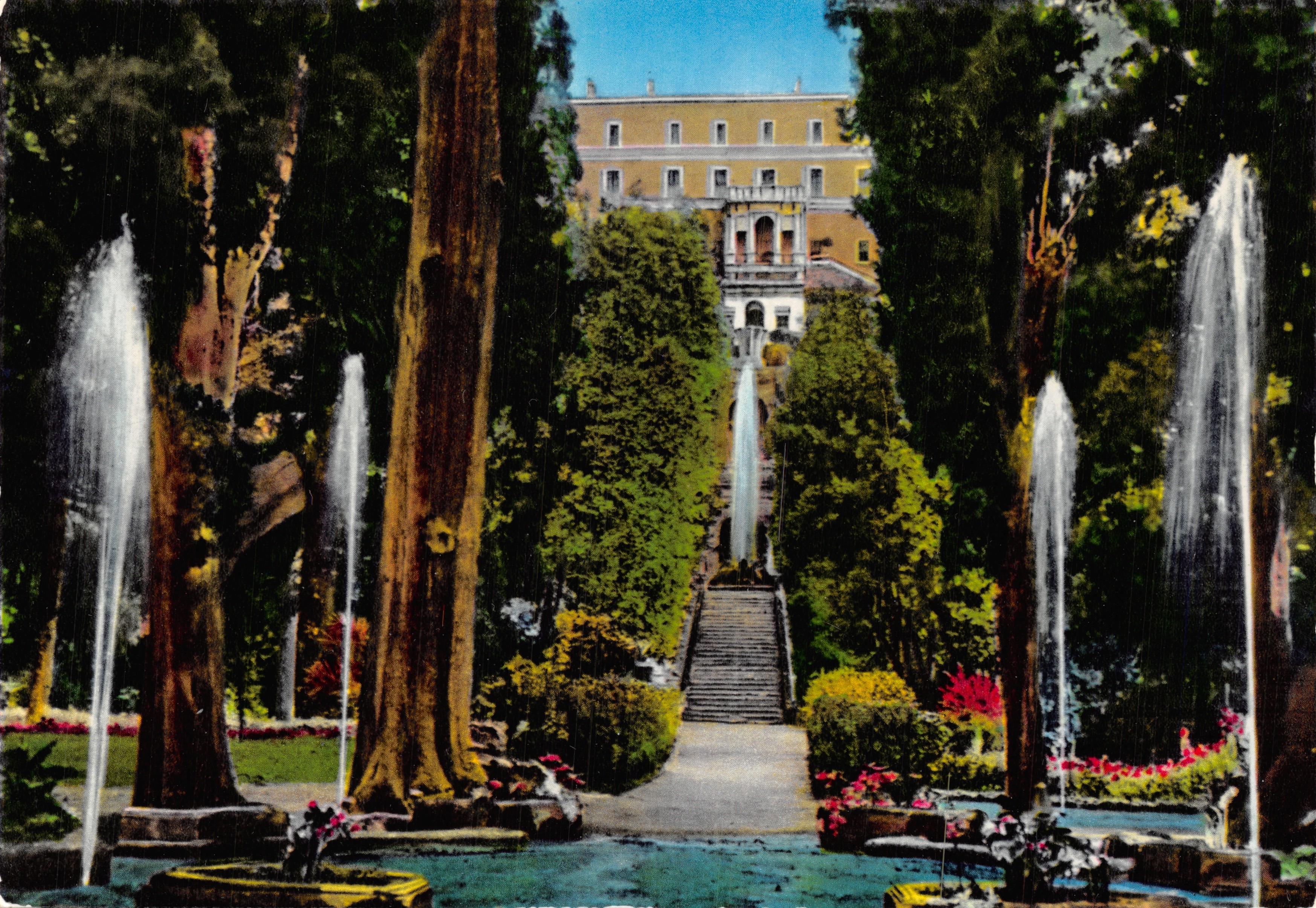 Villa d'Este à Tivoli — vue du jardin avec fontaines et escaliers — éditeur Gieffe