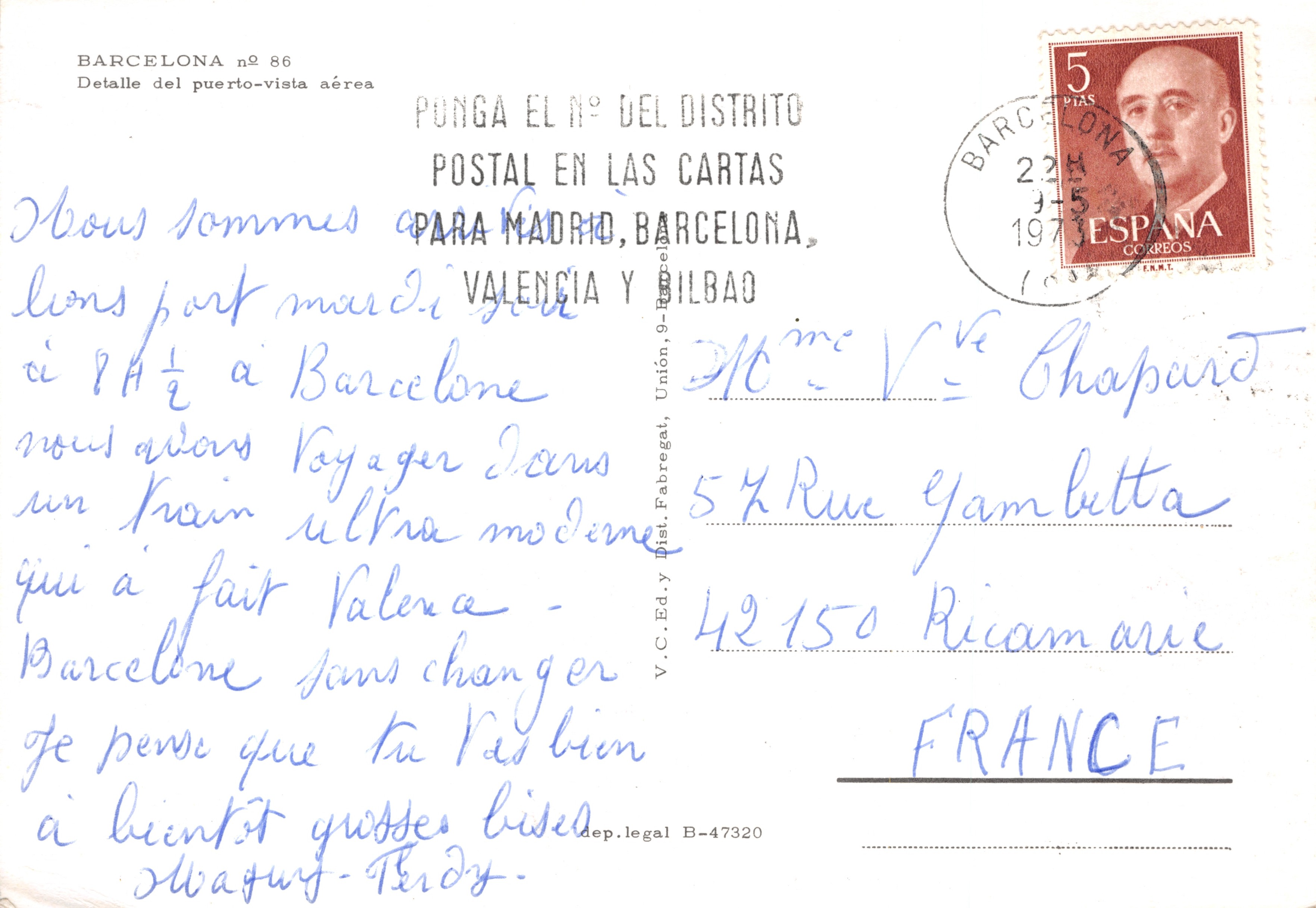 Barcelone — vue aérienne du port et de la place de Catalunya — V.C. Ed. y Dial. Fabregat, n° 86 — Achterkant