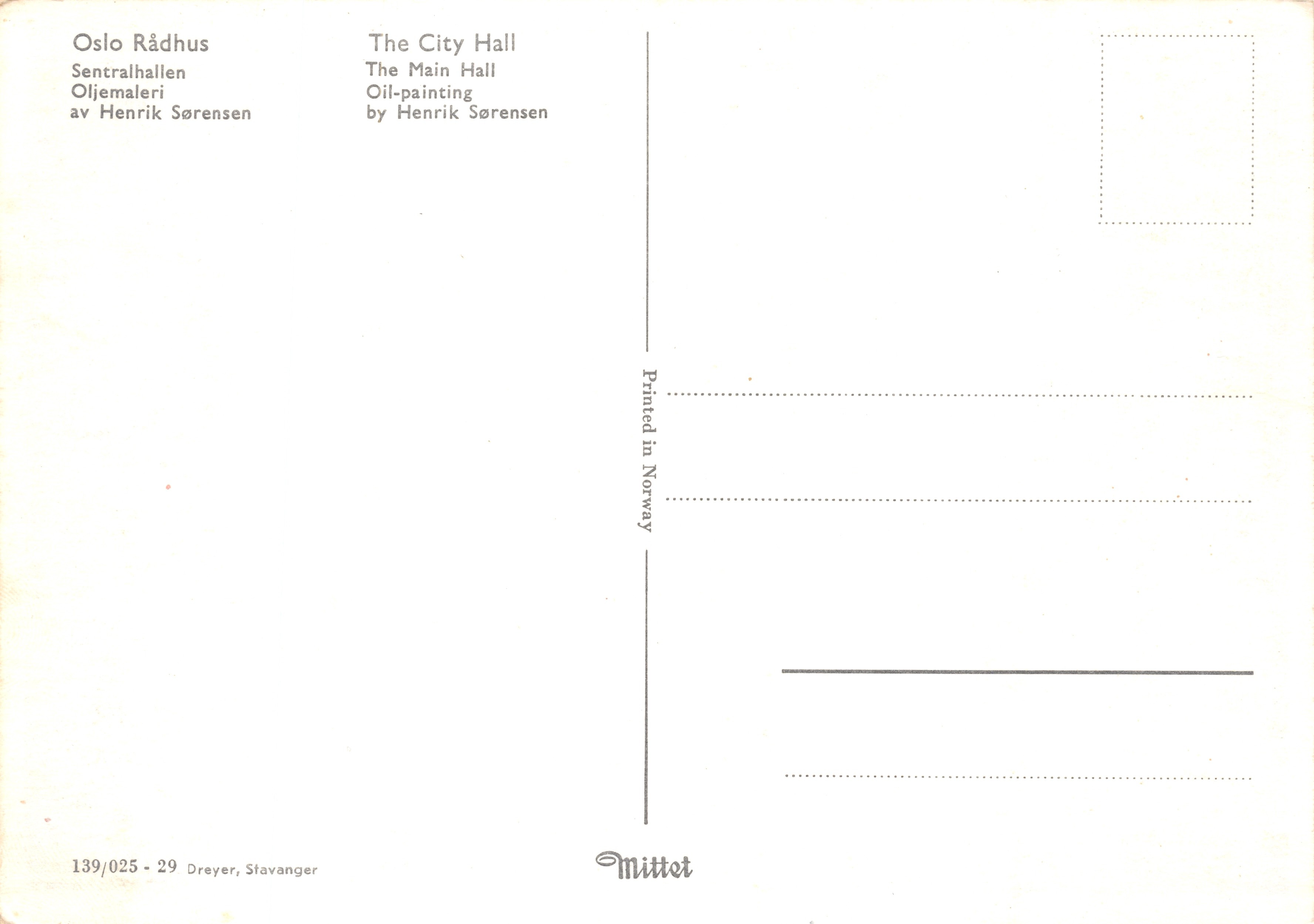 Oslo Palazzo Comunale — Senterhallen — dipinto di Henrik Sørensen, edito da Mittet, n. 139/025 — Verso