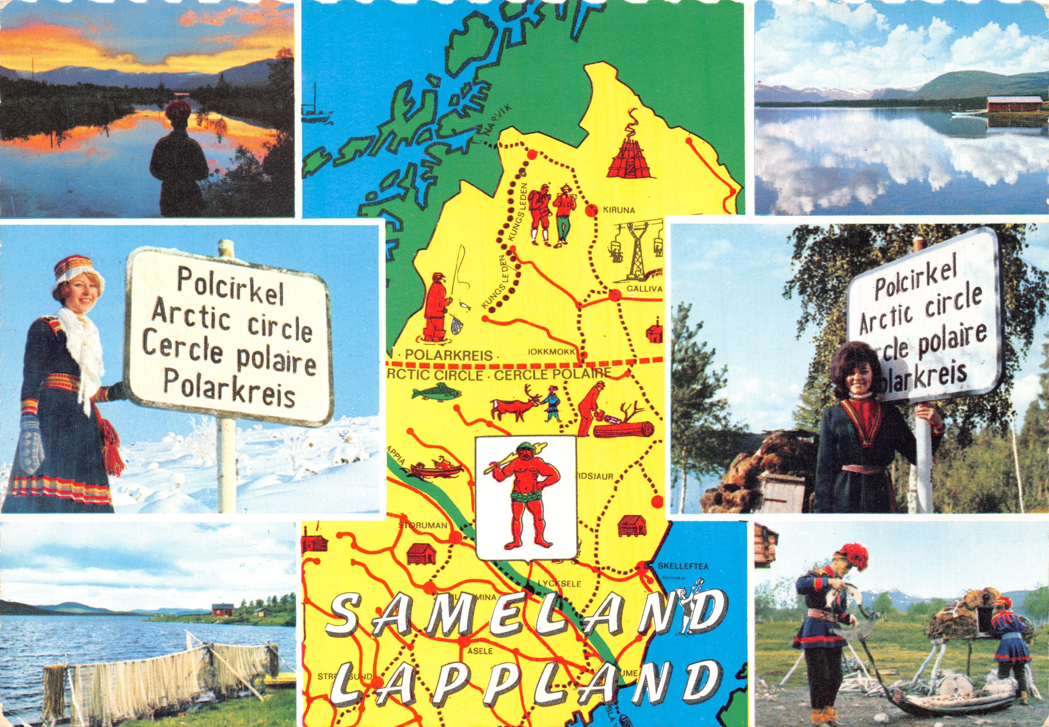 Laplandia — Círculo ártico — tarjeta postal ilustrada con mapas y escenas locales