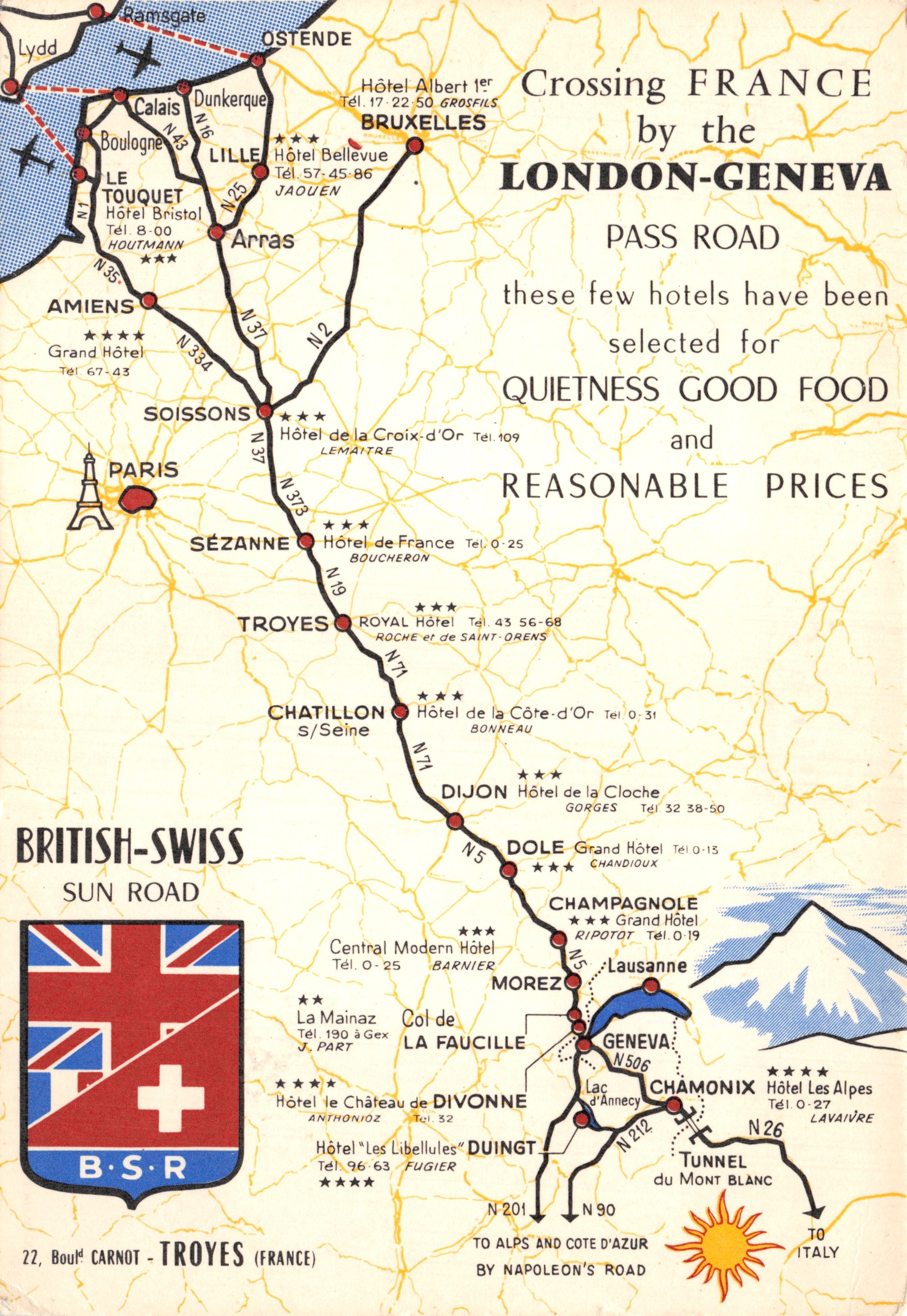 Route map from London to Genoa — British route crossing France and Switzerland — publisher RENAISSANCE - TROYES