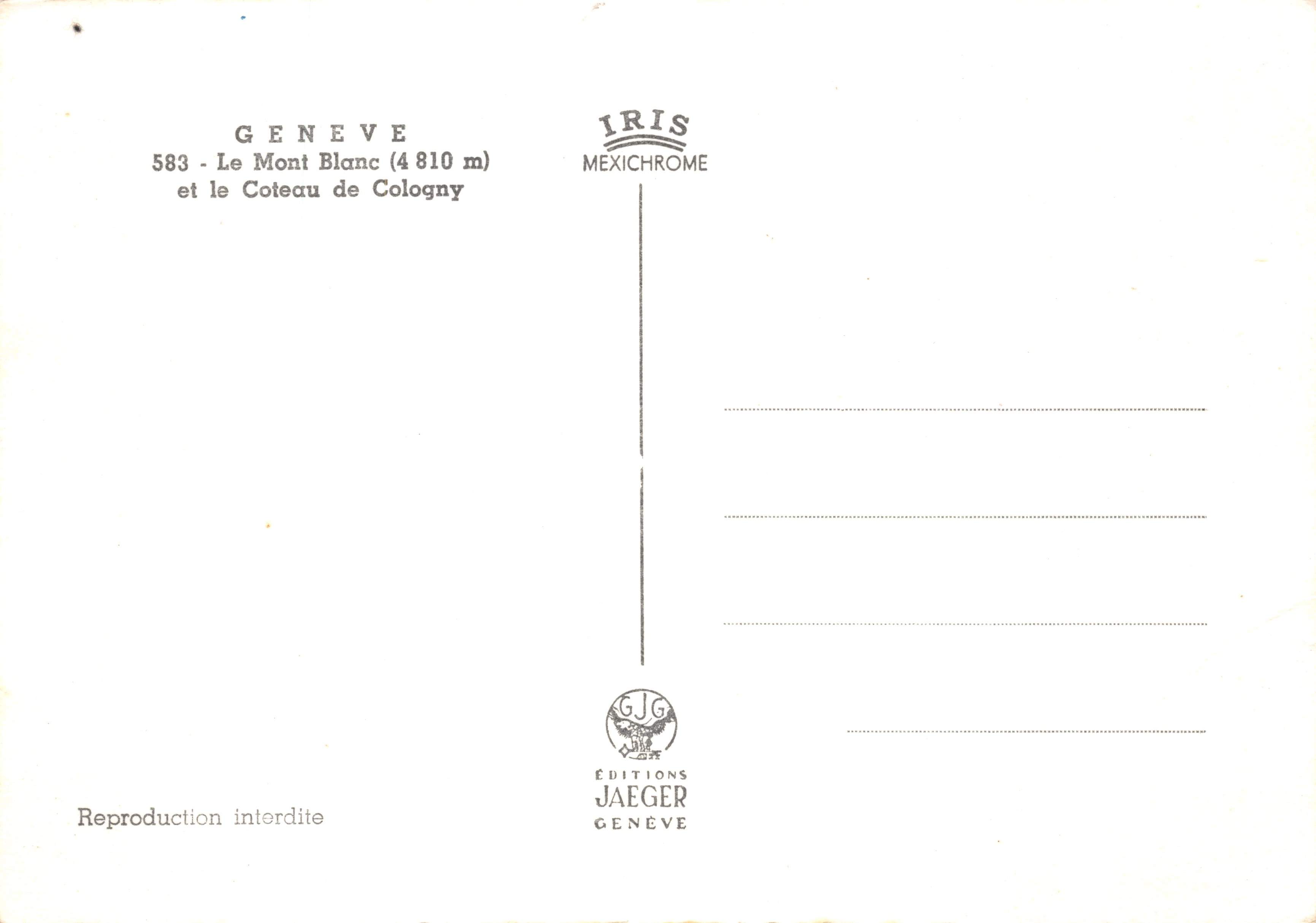 Ginebra — El Monte Blano (4 810 m) y el Coteau de Cologny — Éditions Jaeger — Reverso