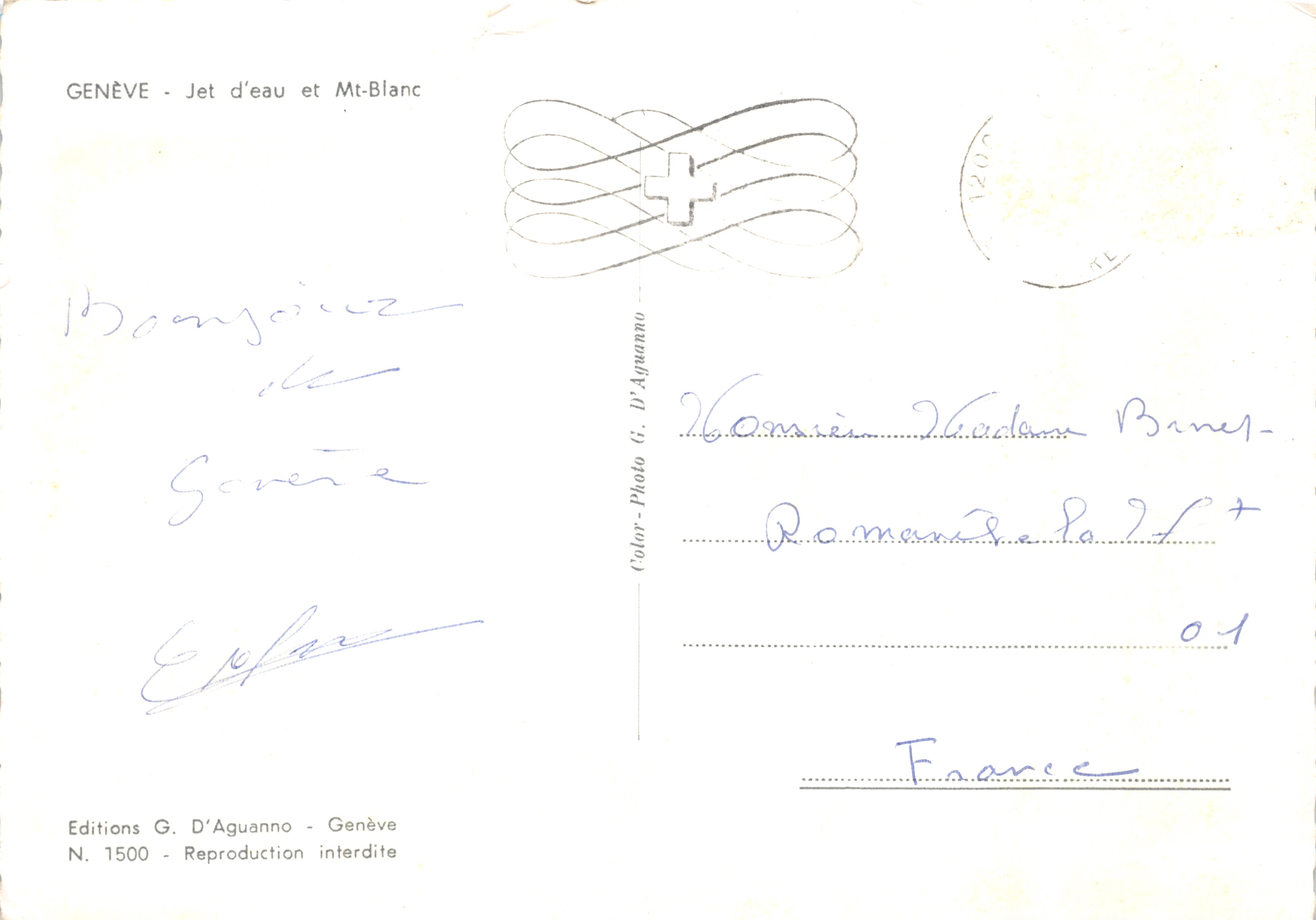 Ginebra — Jet d'eau y Mont-Blanc — Editions G. D'Aguanno, N.º 1500 — Reverso