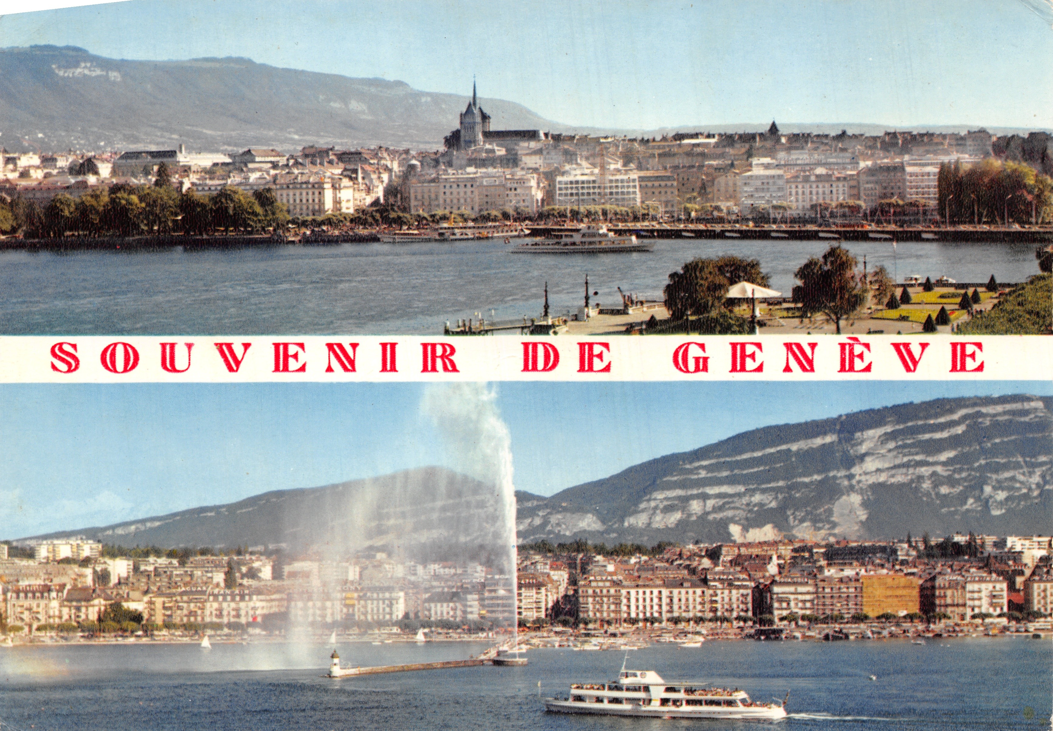 Genève — vue panoramique avec la fontaine et le lac — Éditions Jaeger & Cie