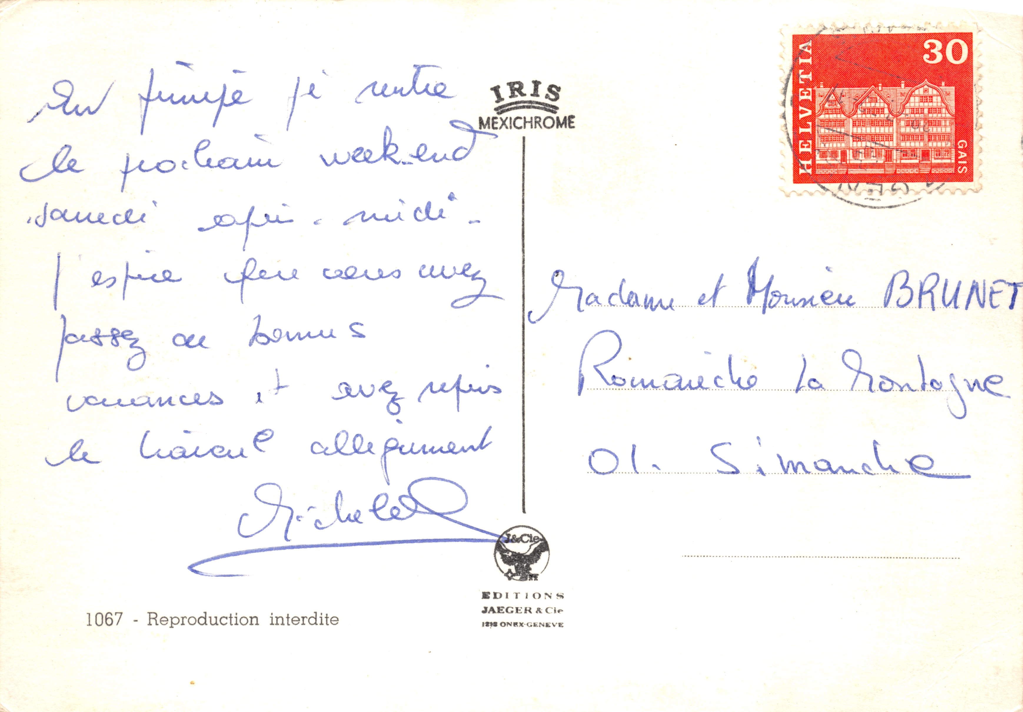Genève — vue panoramique avec la fontaine et le lac — Éditions Jaeger & Cie — Verso
