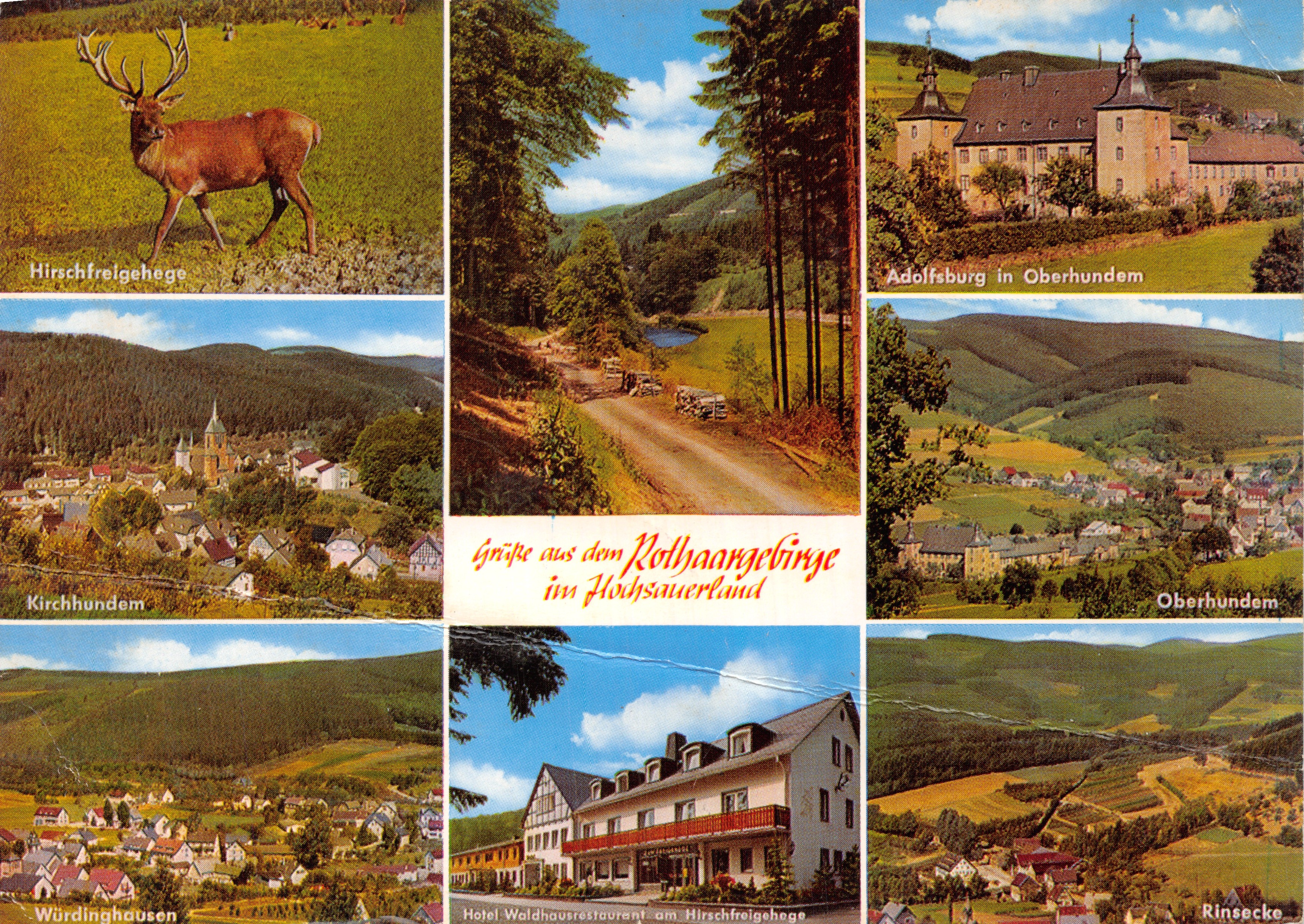 Scènes van het Rothaargebirge — uitzicht op het bos, het kasteel Adolfsburg, het dorp Kirchhundem, het restaurant aan Hirschfreigehege, en de dorpen Würdinghausen en Rinsecke — uitgever: Verlag Freiburg