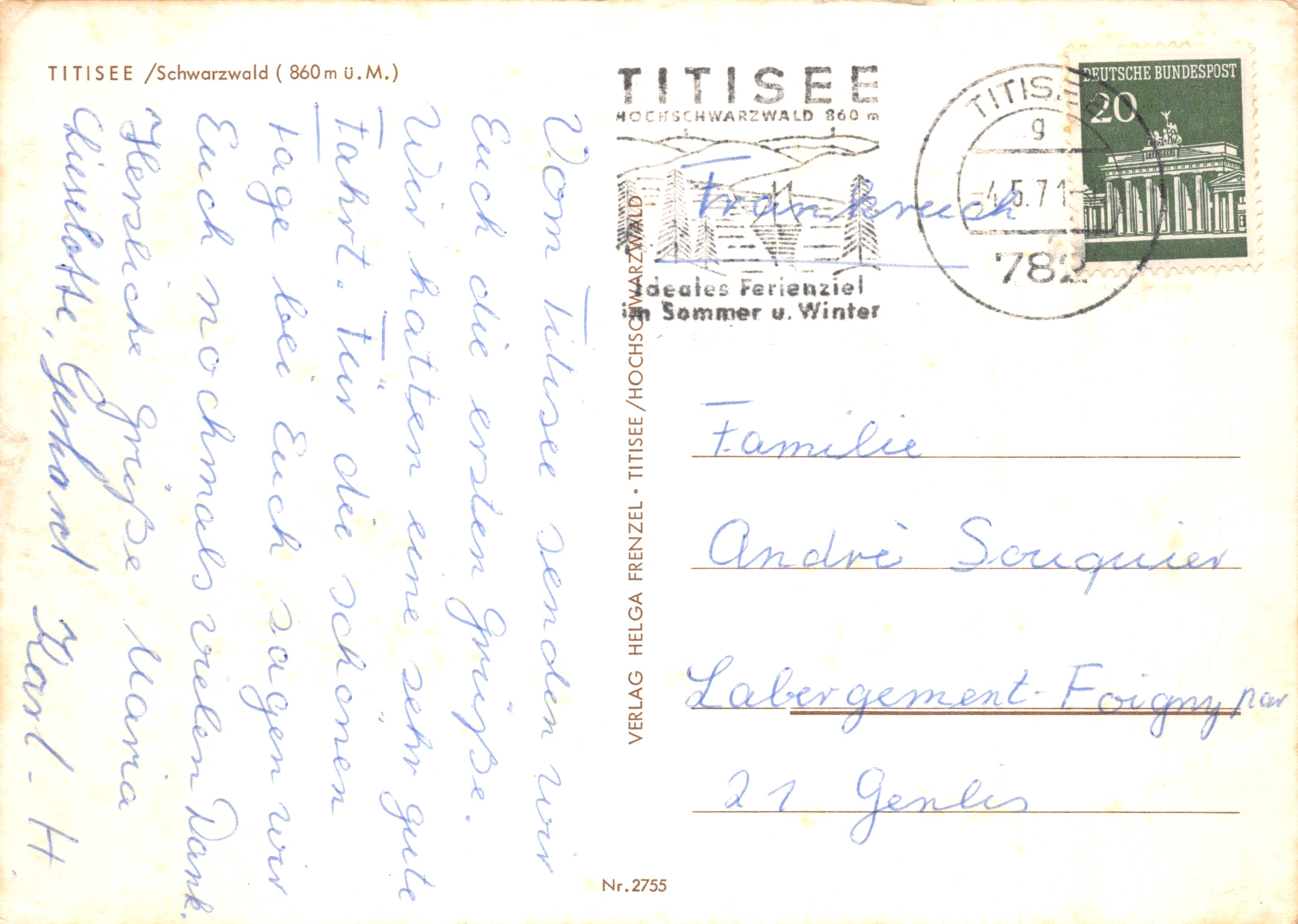 Titisee — vue du lac avec le café Beelubinger — éditeur Verlag Helga Frenzel, n°2755 — Achterkant