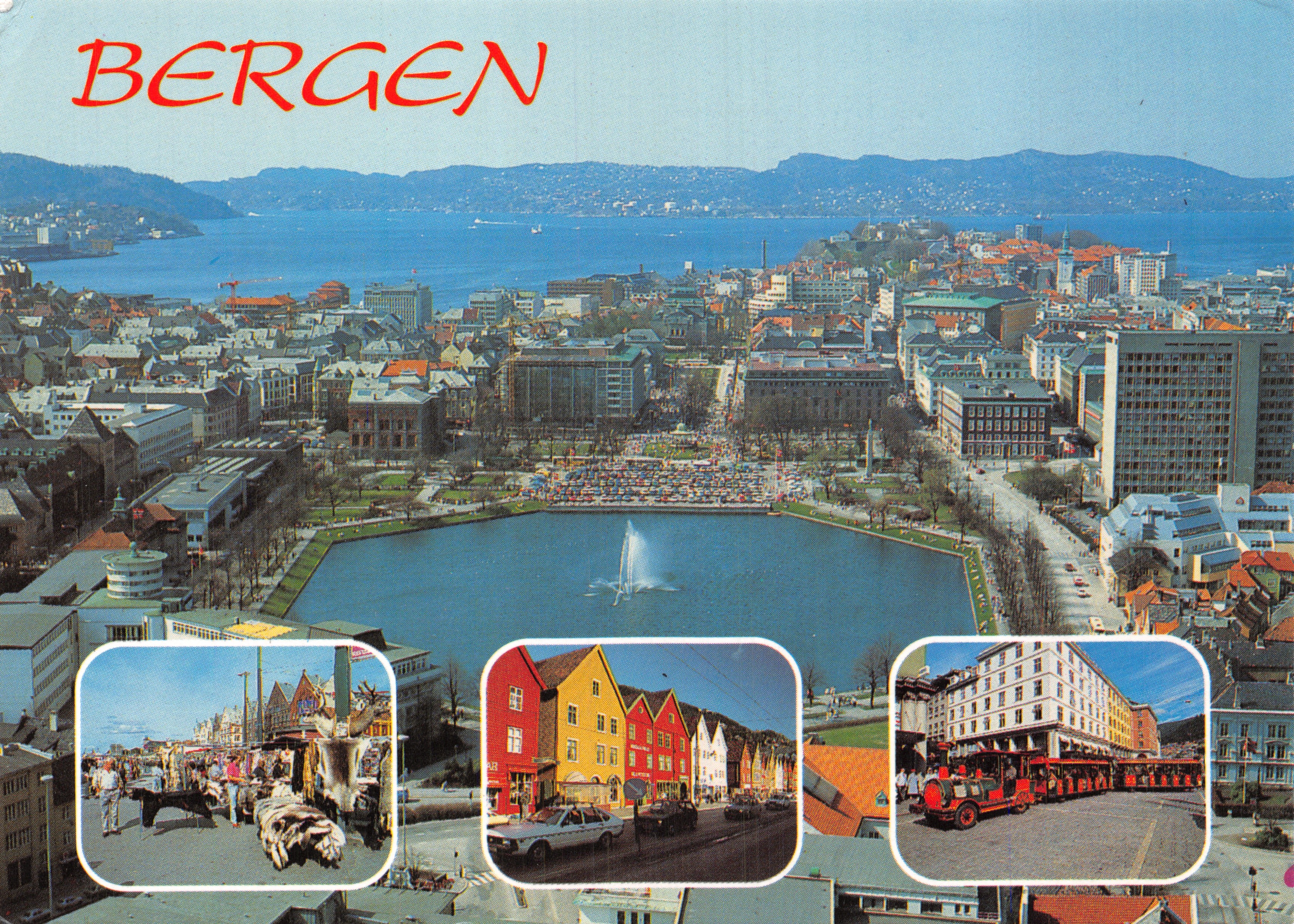 Bergen — vue aérienne panoramique avec fontaine et vignettes — éditeur Stein Larsen
