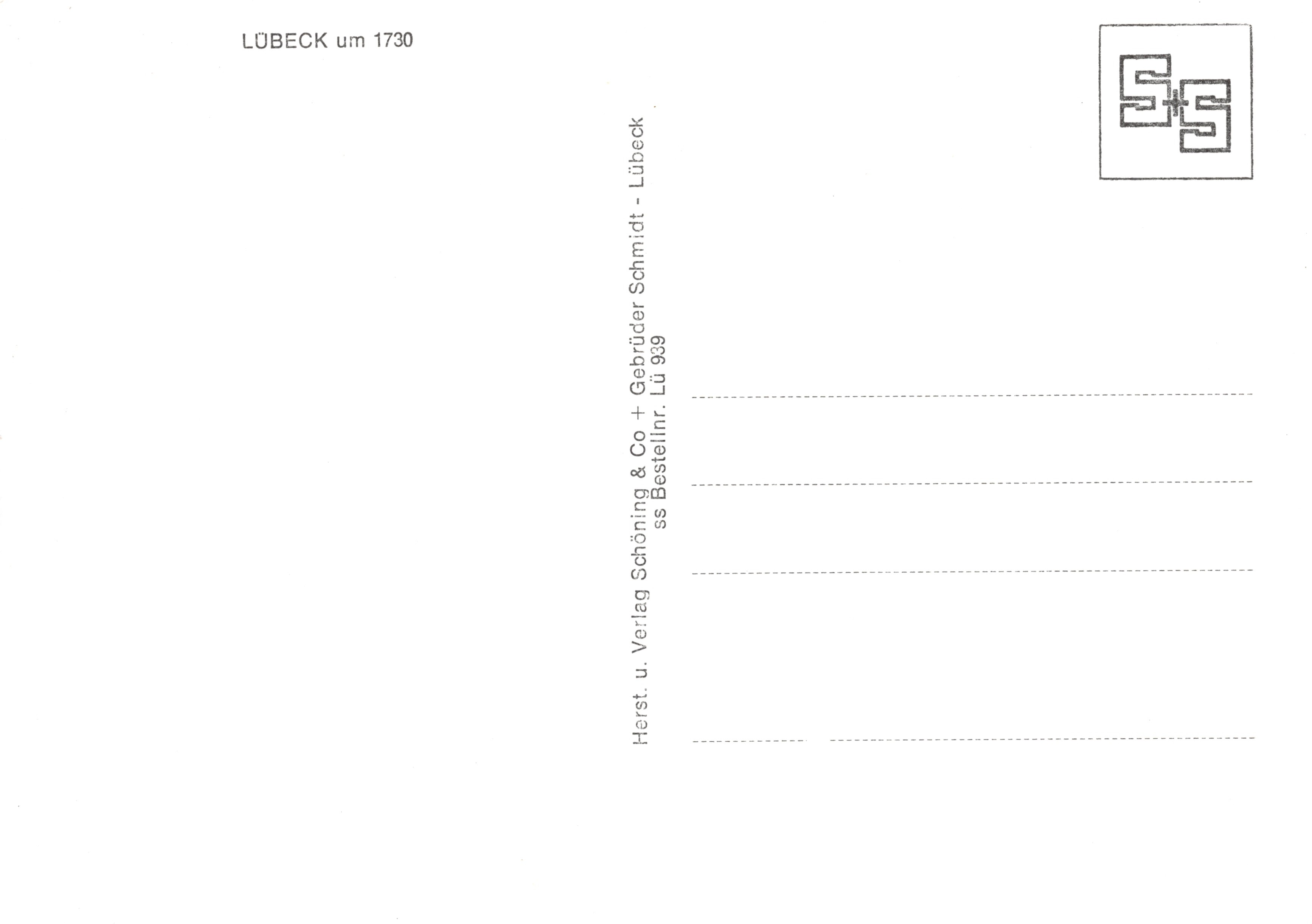 Lübeck — panoramische weergave — uitgever: Verlag u. Verlag Schöning & Co. nummer 939 — Achterkant