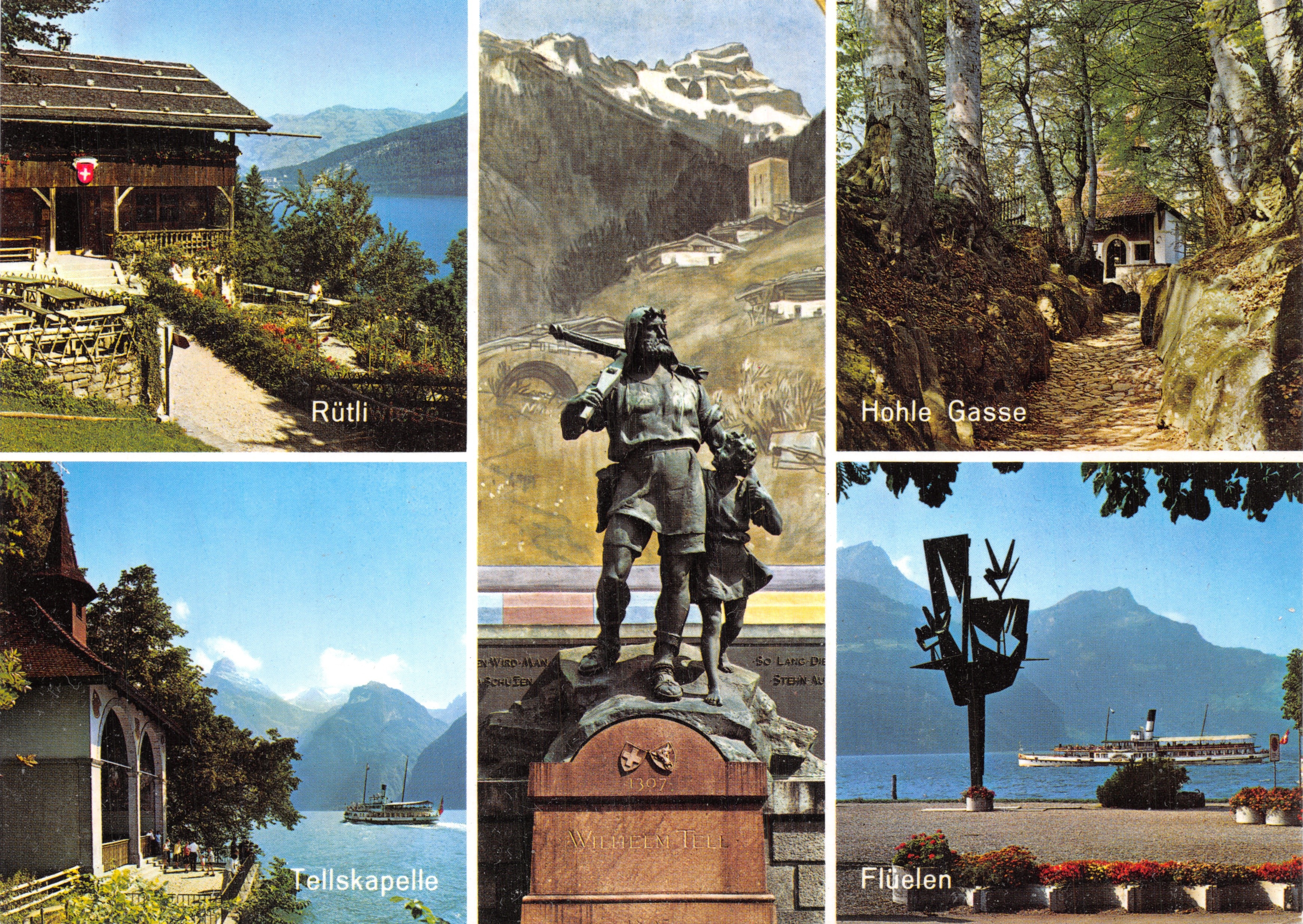 Rütli — Tellskapelle — Wilhelm Tell — Flüelen — Hohle Gasse — uitgever Photoglob Zürich/Vevey