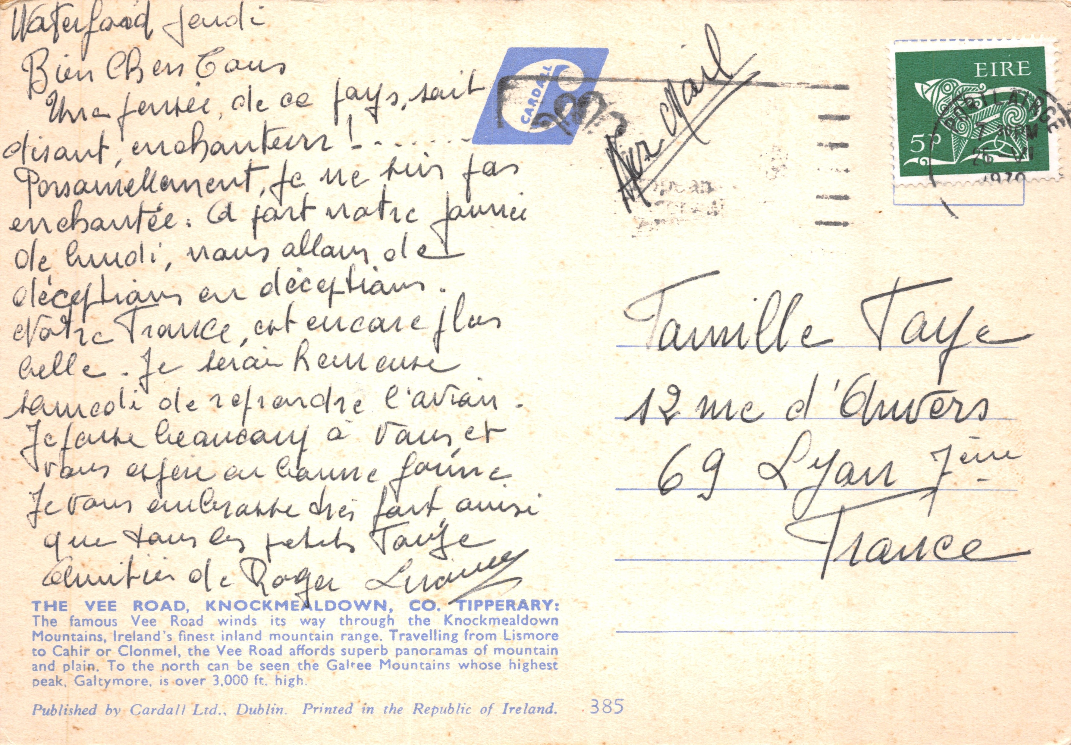 The Vee Road, Knockmealdown e Galtee Mountains, Co. Tipperary, Irland — Editore: Cardall Ltd., Dublin. n°385 — Verso