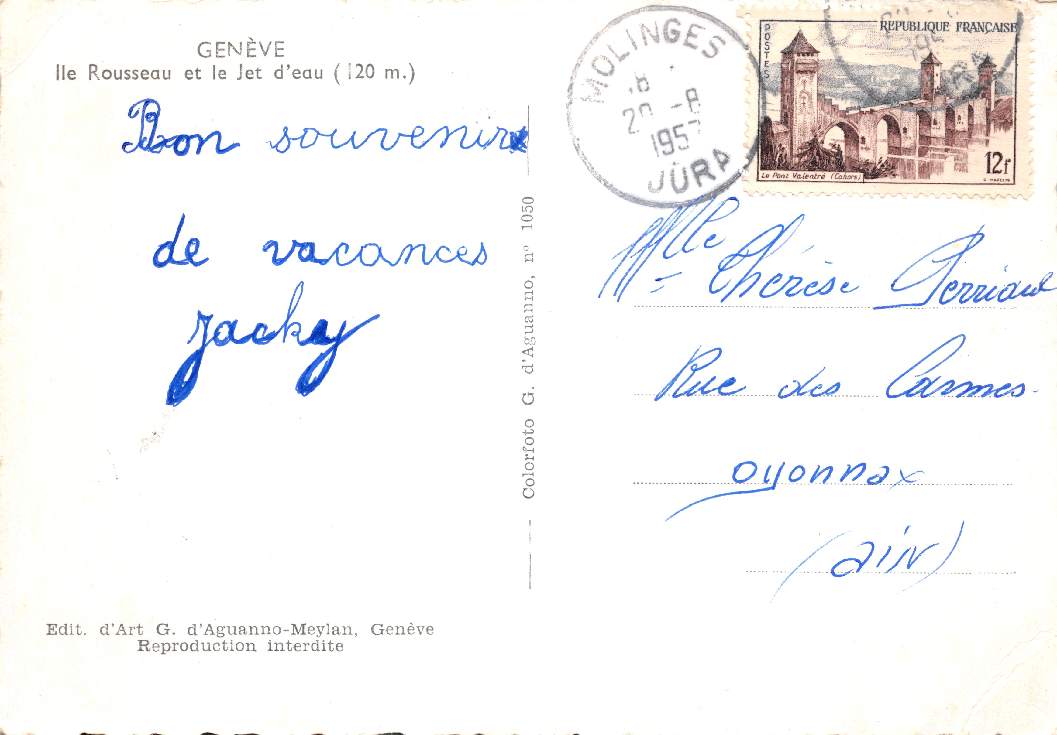 Genève — Île Rousseau en het Jet d'eau (120 m.) — Editie d'Art G. d'Aguanno-Meylan, Genève, nr. 1050 — Achterkant