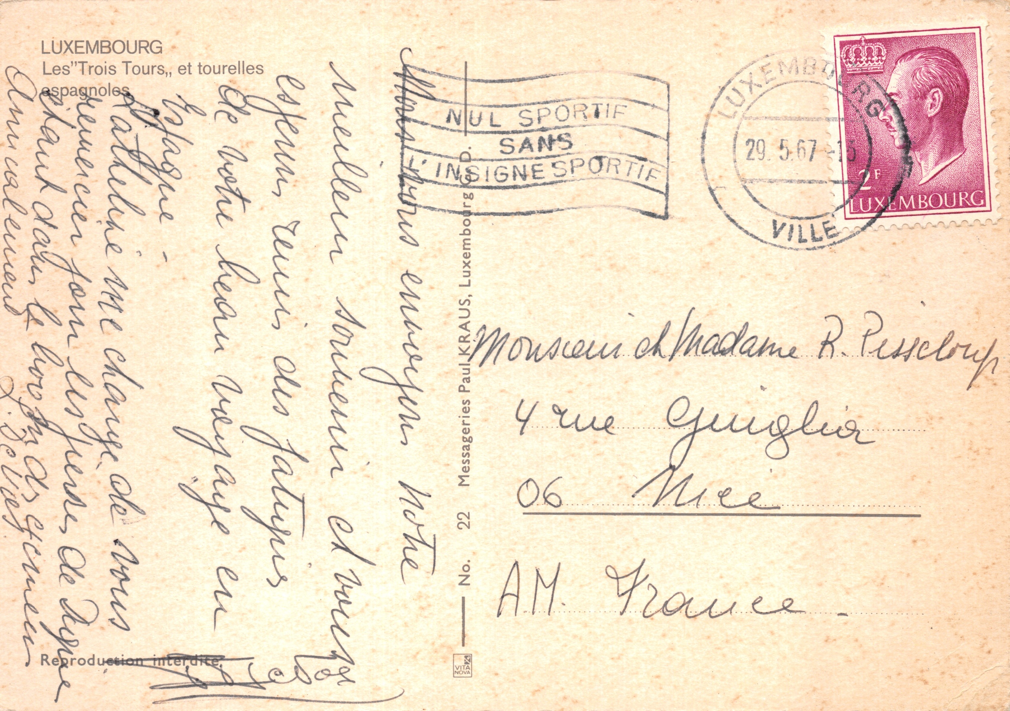 Die drei Türme und spanischen Zinnen — Schloss Luxemburg — Verlag Messageries Paul Kraus, Nr. 22 — Rückseite