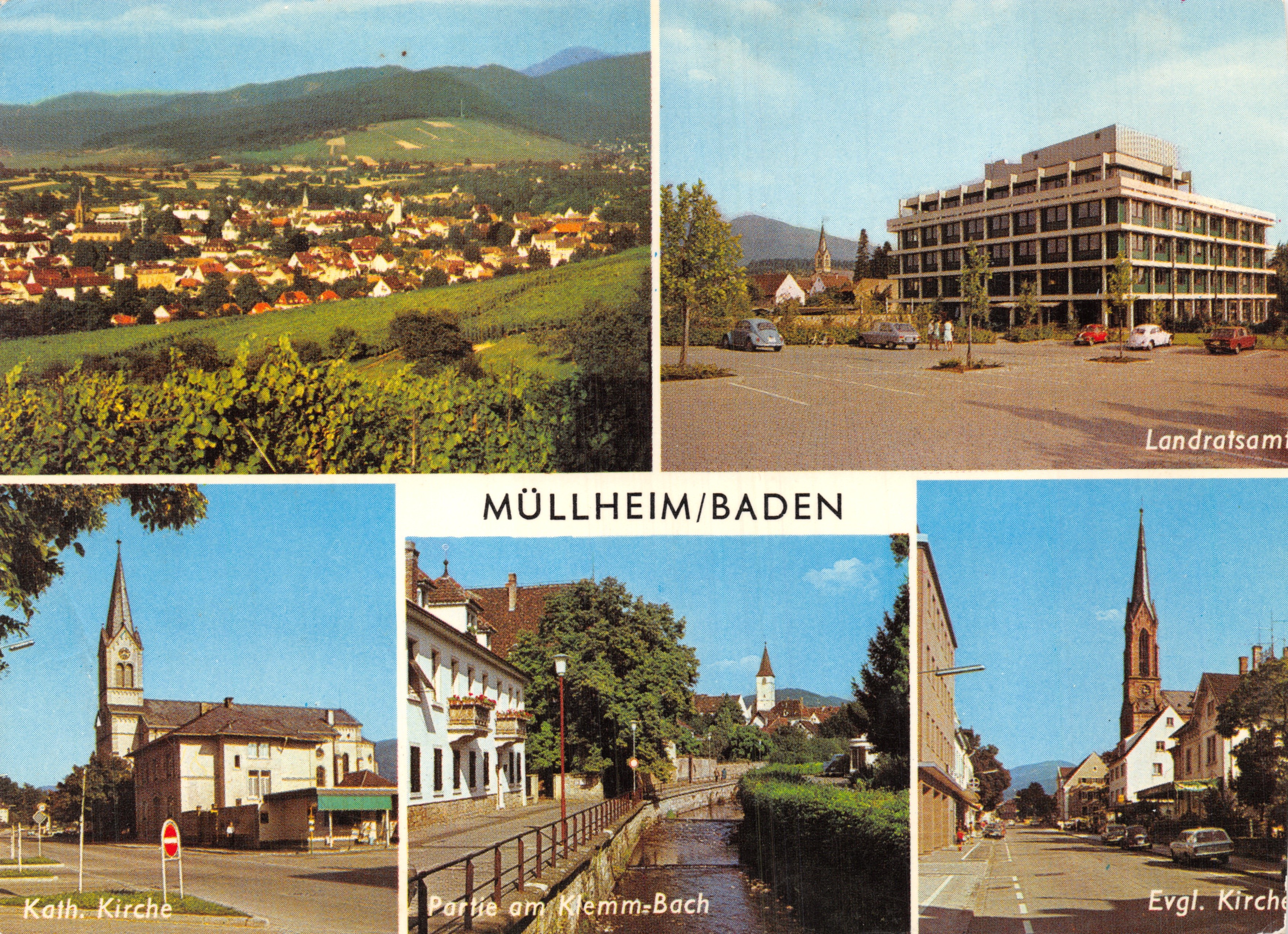 Müllheim/Baden — vue panoramique, édifice administratif, églises et ruisseau — éditeur Landratsamt
