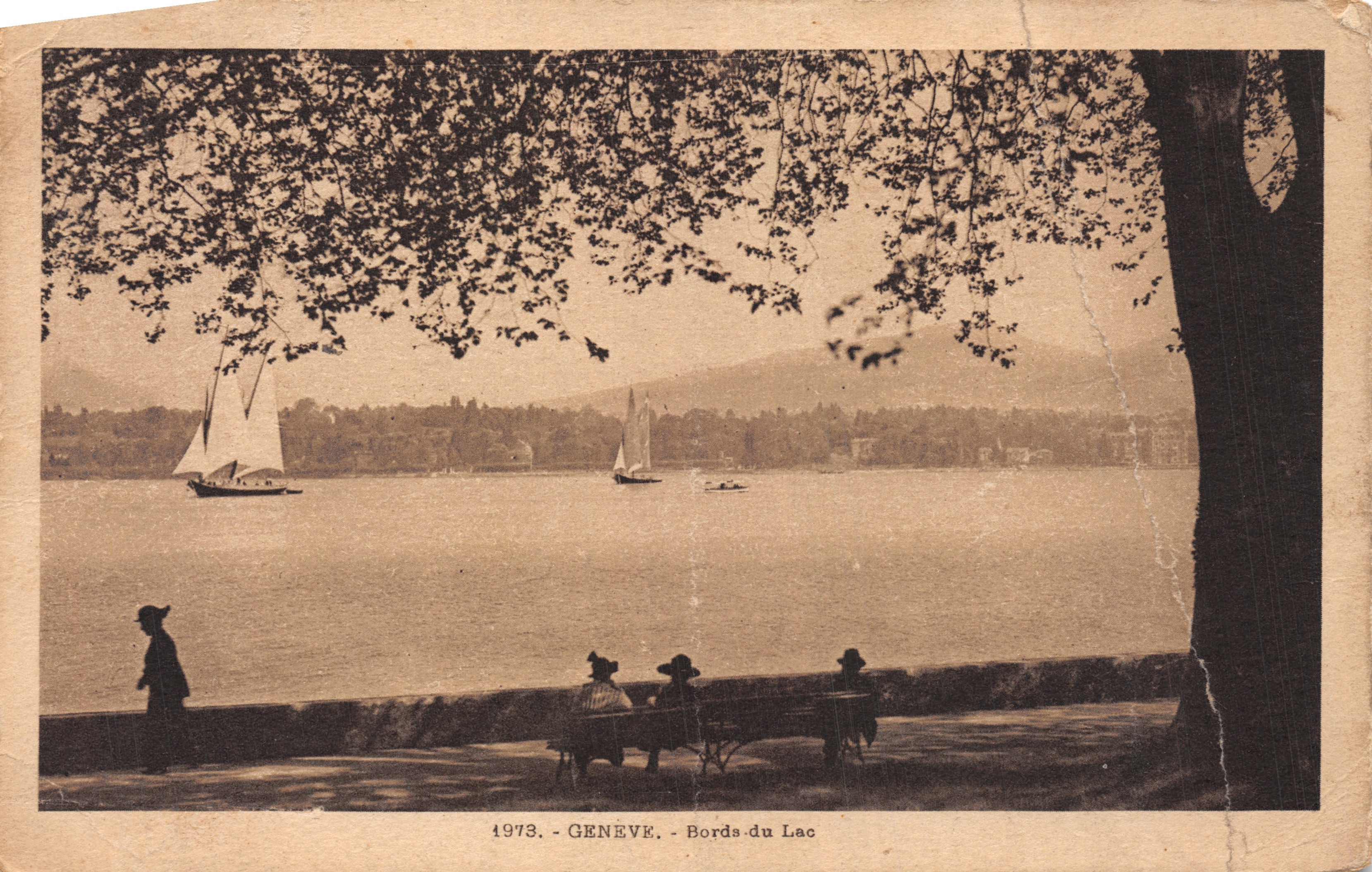 Genoa - Lake Shore — view of the lake with sailboats and promenaders, publisher L. Fauraz, no. 1973