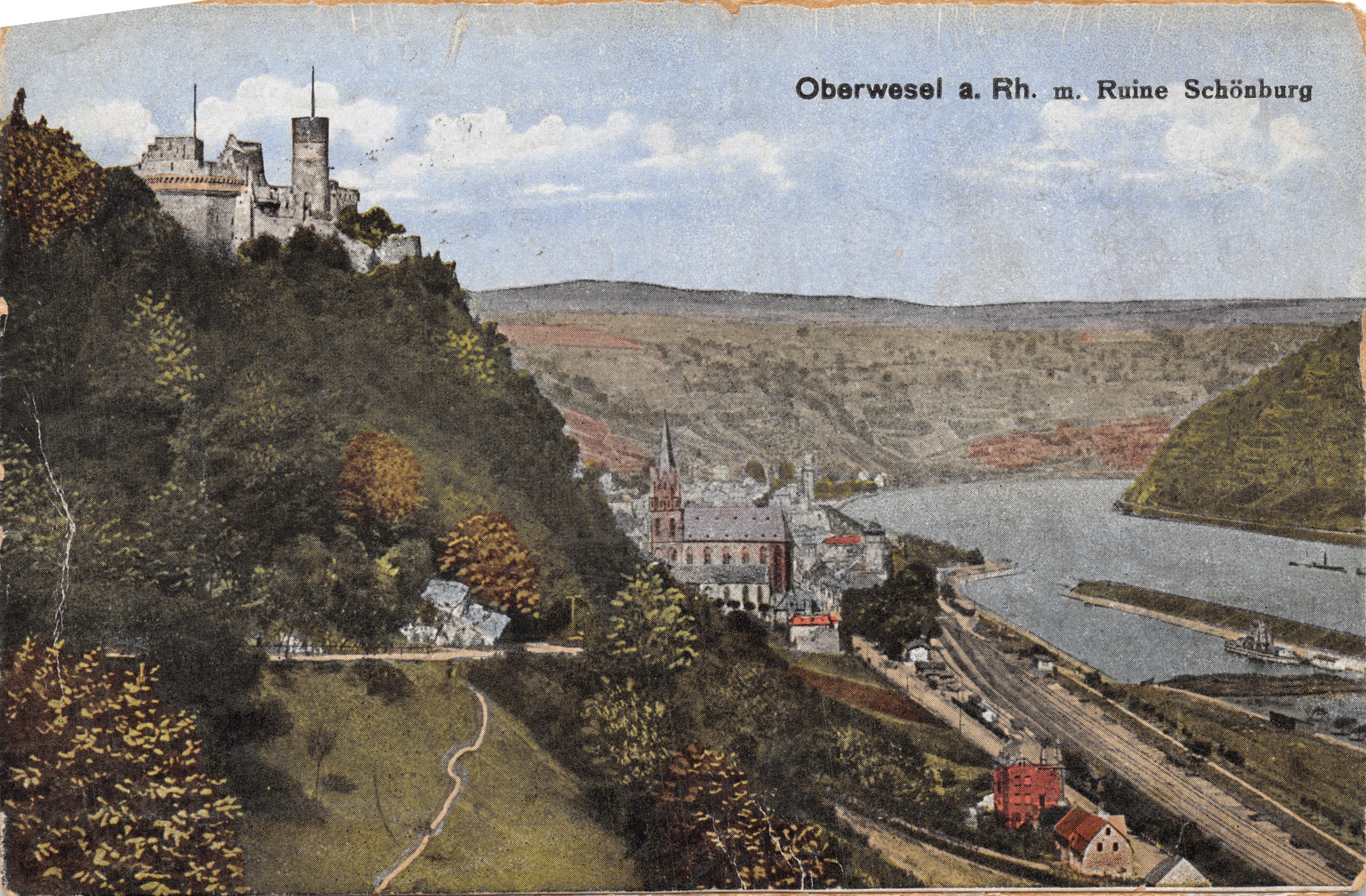 Oberwesel nad Rynem z ruiną Schönburg — panoramowy widok z ruiną zamku na wzgórzu, wydawca Photogramm 10
