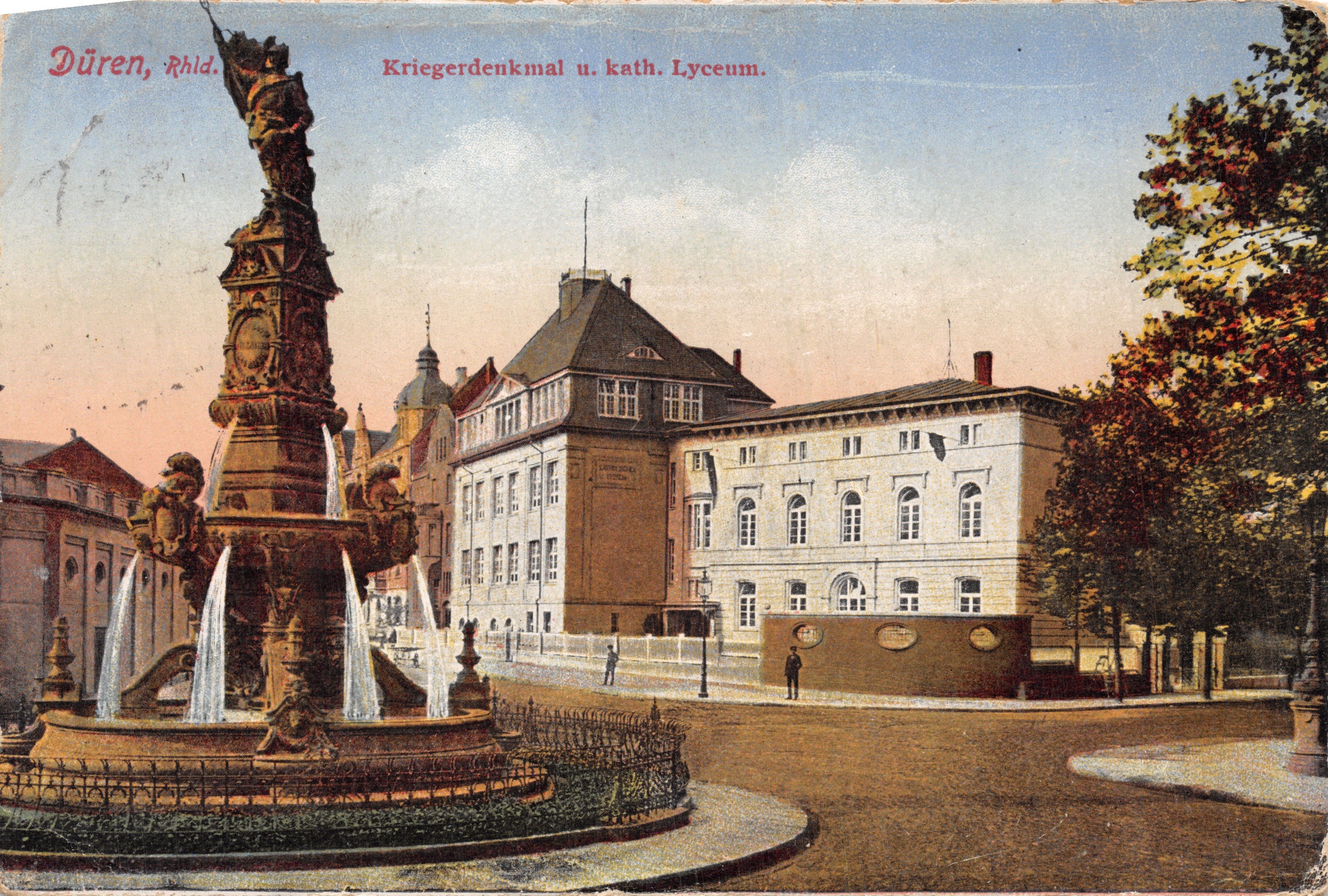 Düren, Rhld. — Monument voor soldaten en katholiek Lyceumgebouw — uitgever Verlag Peter Peters