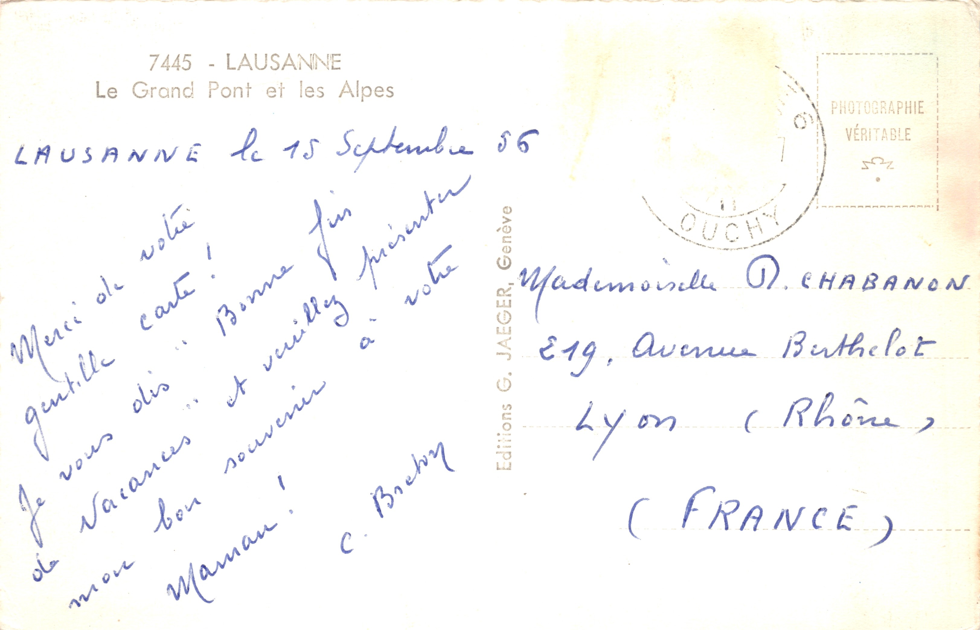 Lausanne — Il grande ponte e le Alpi — Éditions G. Jaeger, Ginevra — Verso