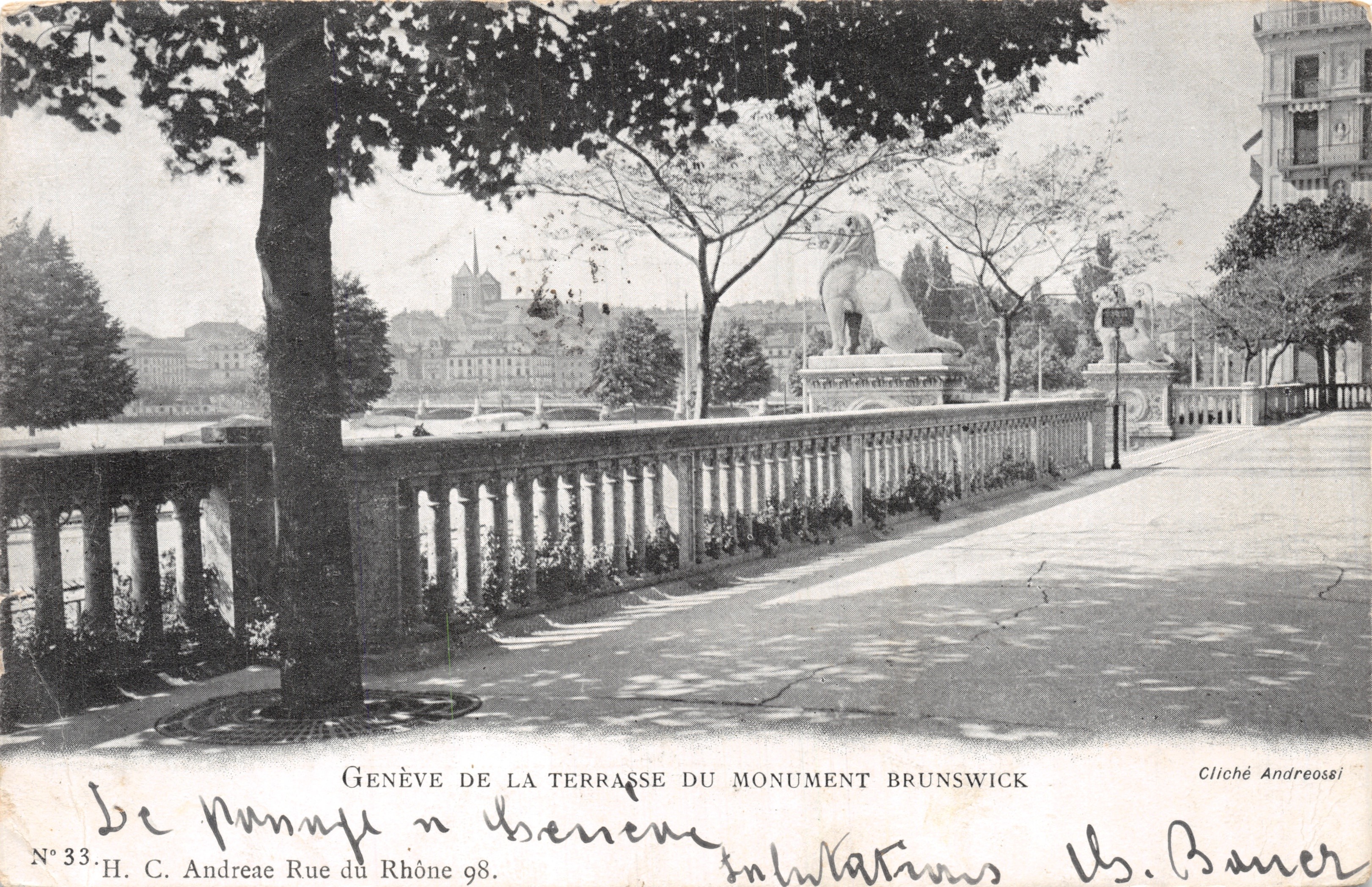 Geneva from the terrace of the Brunswick monument — view of the Rhône and the city, publisher H. C. Andreae Rue du Rhône 98, n°33
