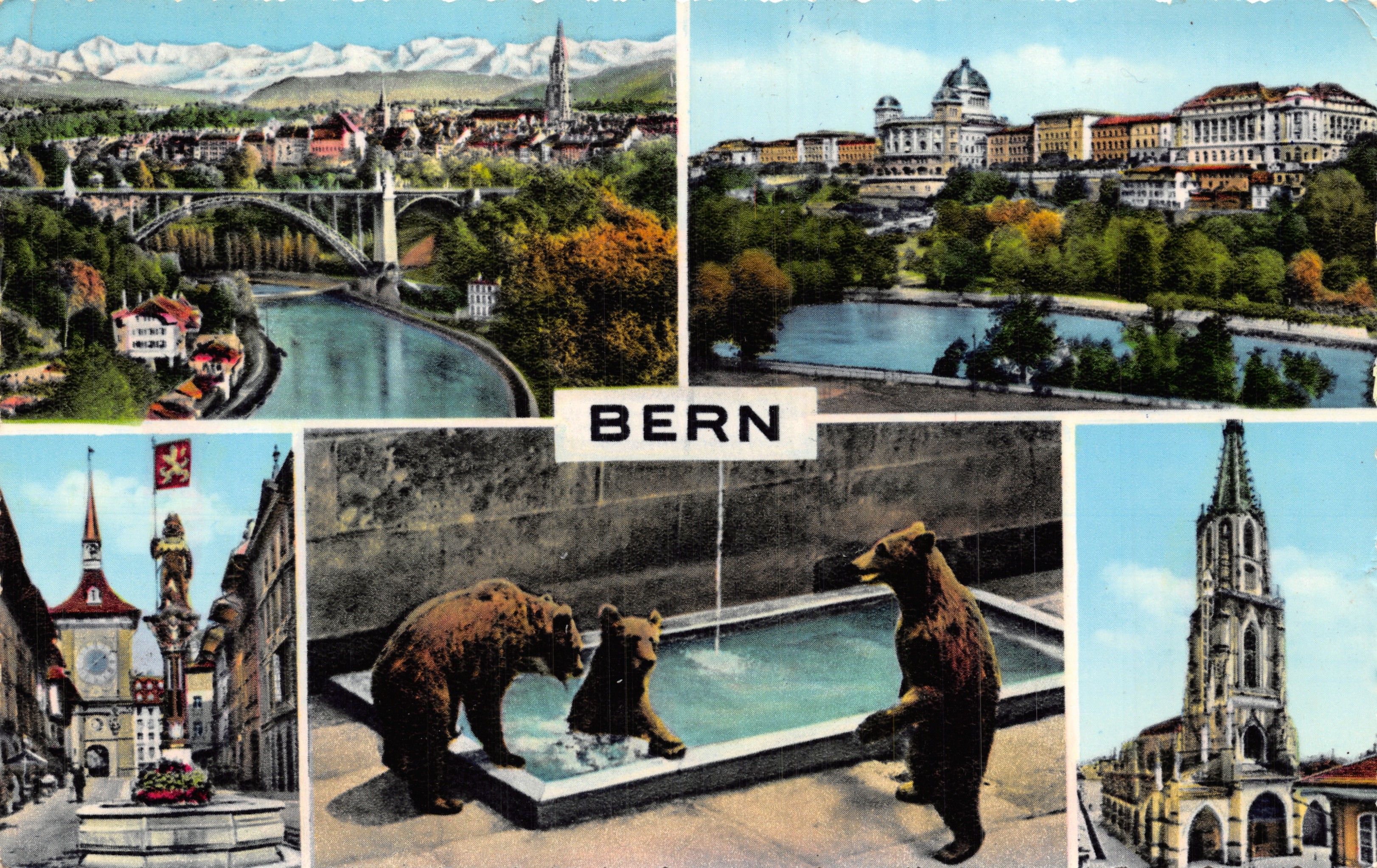 Bern — panoramische weergave met brug, rivier, beer en gebouwen — uitgever Photoglob-Wehrli A.G. Zürich