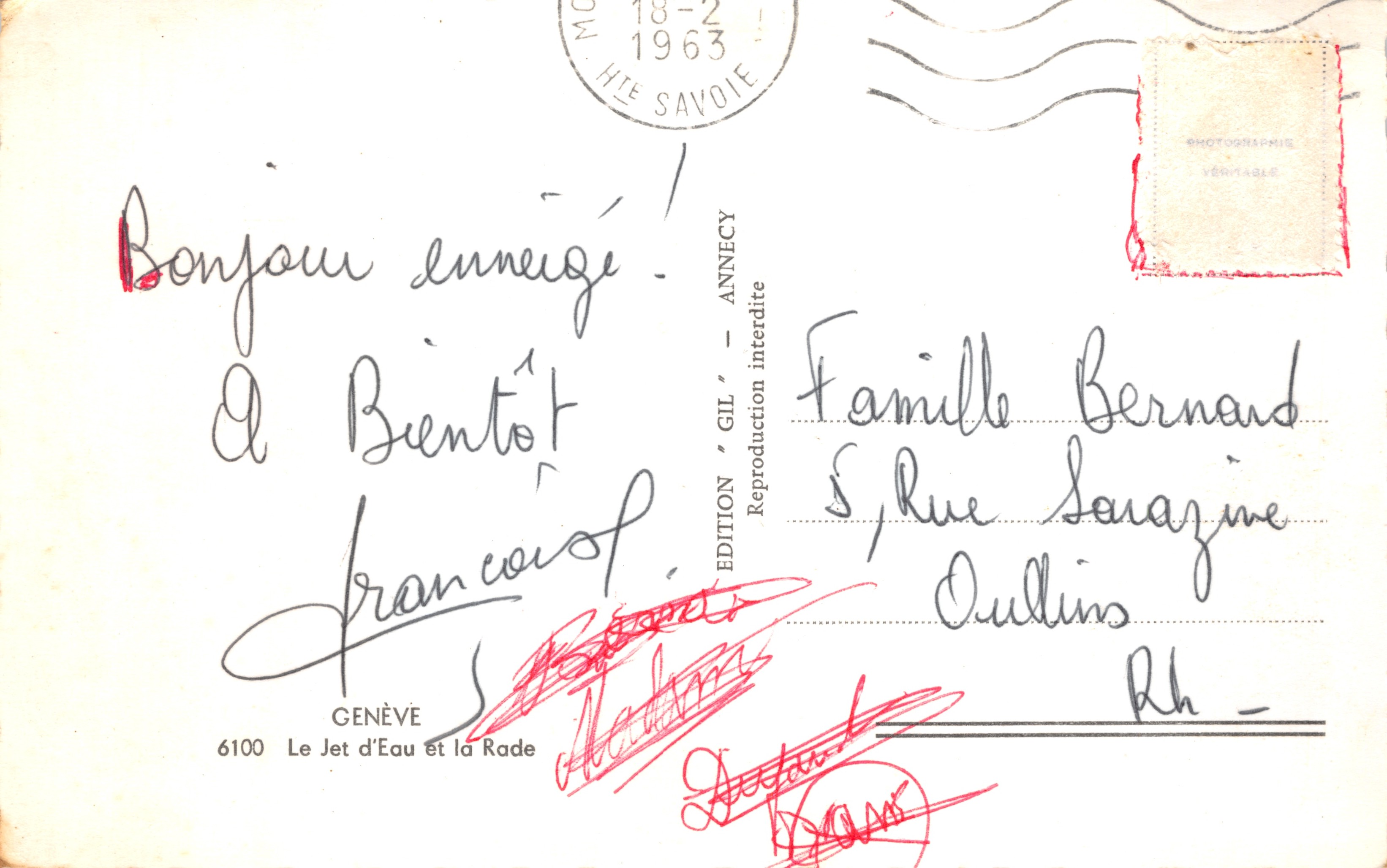 Genève — Le Jet d'Eau et la Rade — Édition Gil, Annecy — Verso