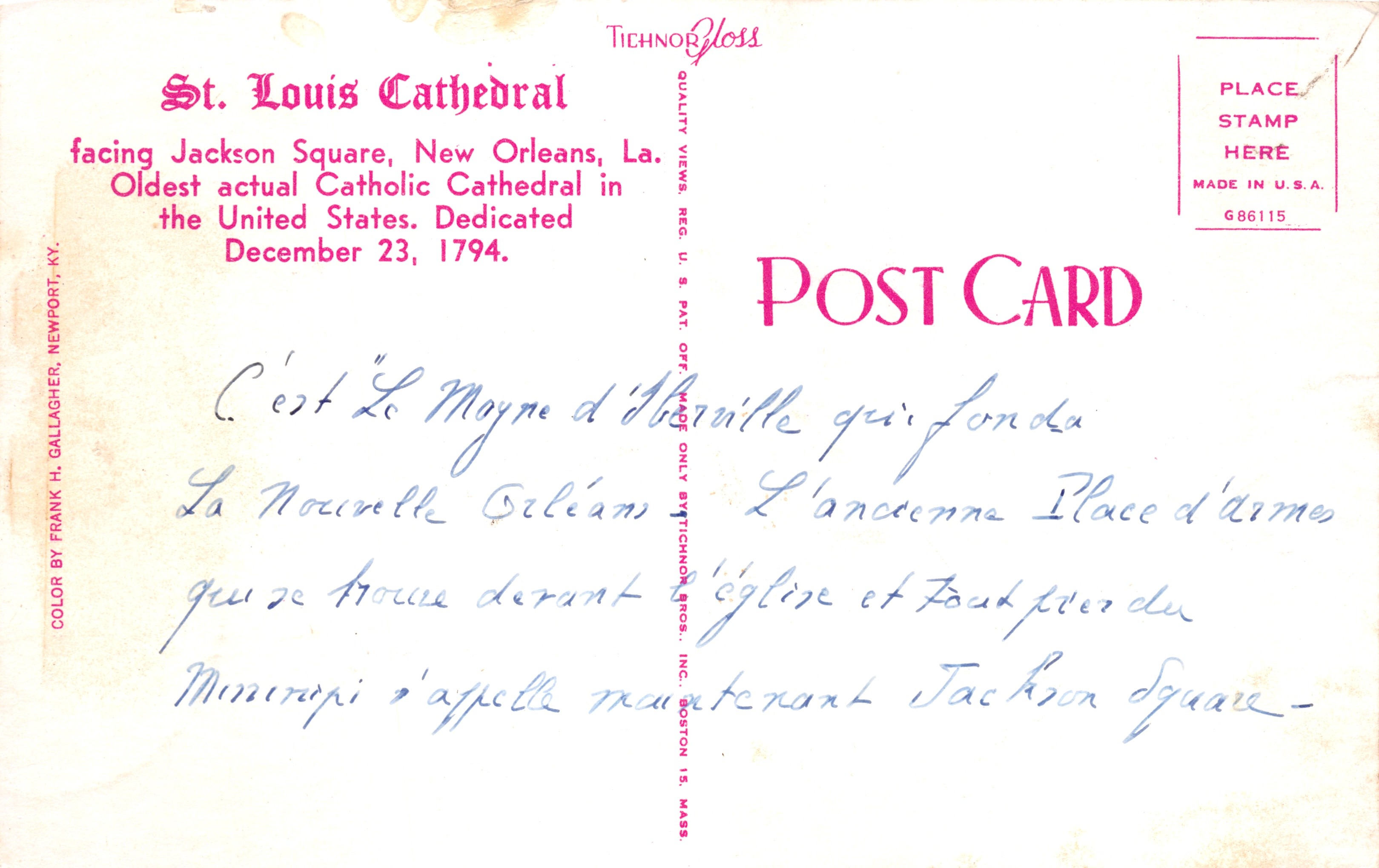 St. Louis Cathedral — vue de Jackson Square — éditeur Tichnor Gloss, n° G86115 — Rückseite