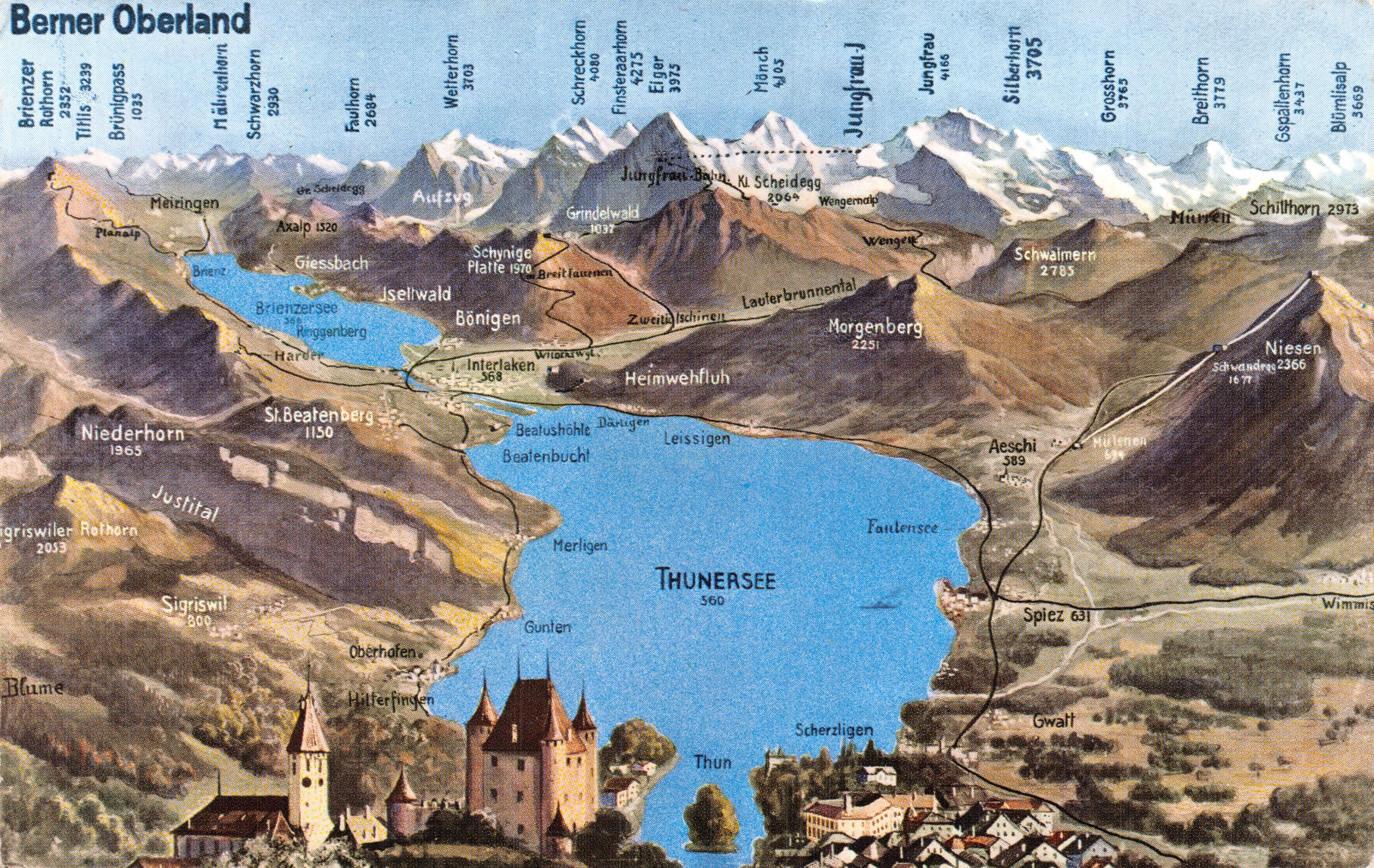 Berner Oberland — illustratieve postkaart van het Thunersee en de omringende bergen — éditeur Verlag Walter Schild, Interlaken