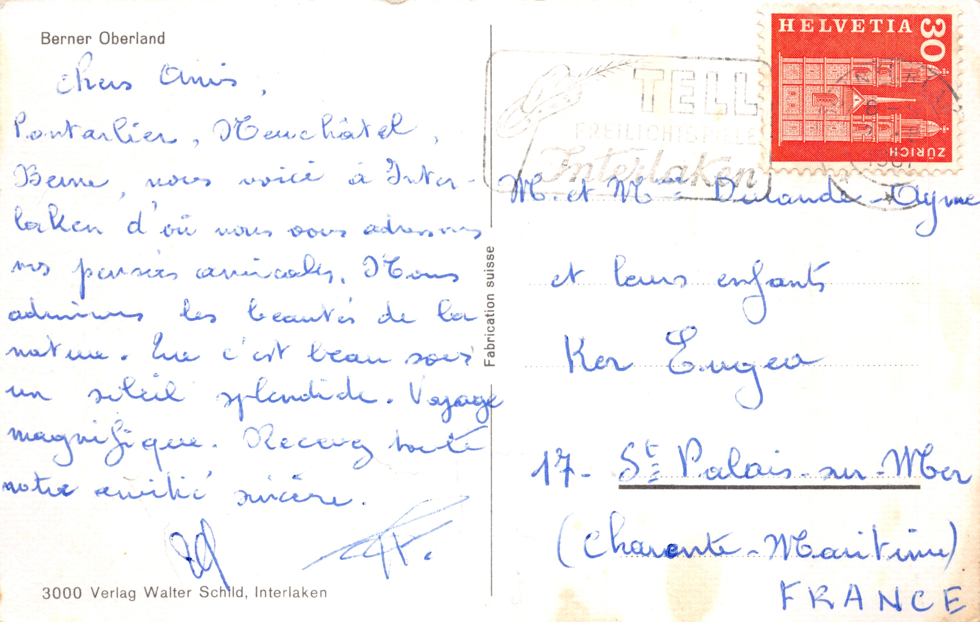 Berner Oberland — illustratieve postkaart van het Thunersee en de omringende bergen — éditeur Verlag Walter Schild, Interlaken — Achterkant