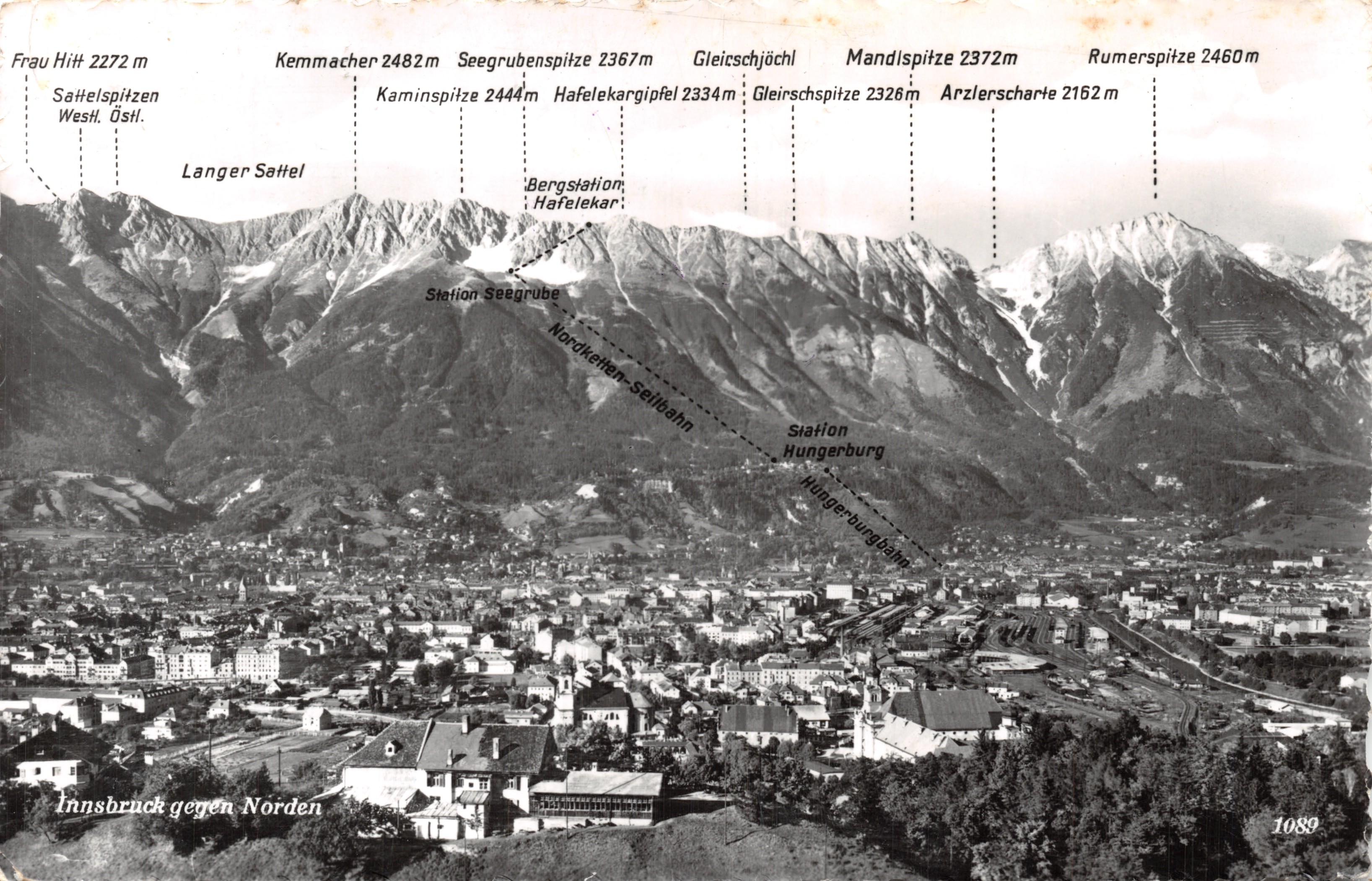 Innsbruck gegen Norden — vue panoramique des Alpes avec indication des sommets et des stations de montagne — éditeur Echte Photographie, n° 1089