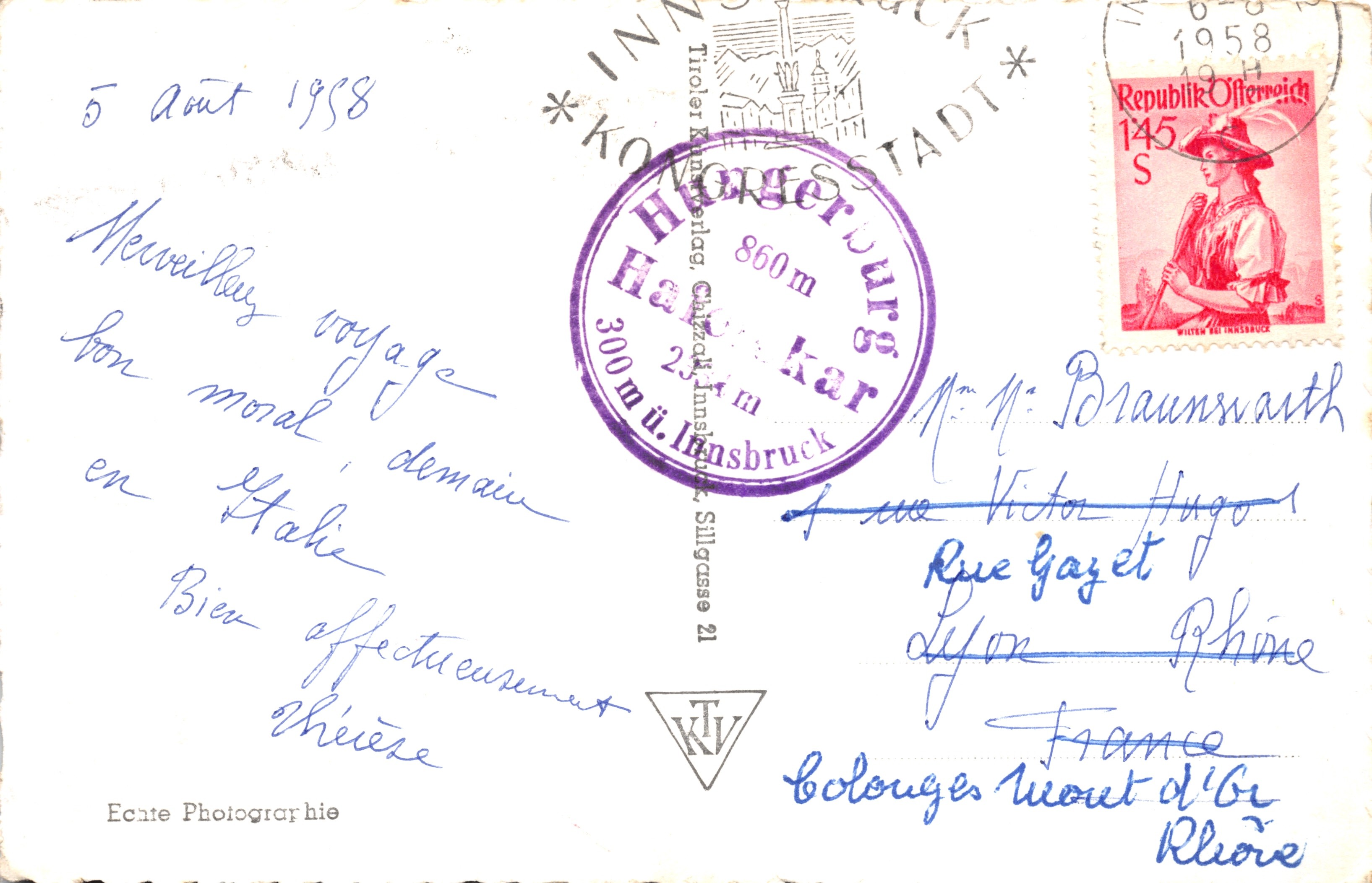 Innsbruck gegen Norden — vue panoramique des Alpes avec indication des sommets et des stations de montagne — éditeur Echte Photographie, n° 1089 — Verso