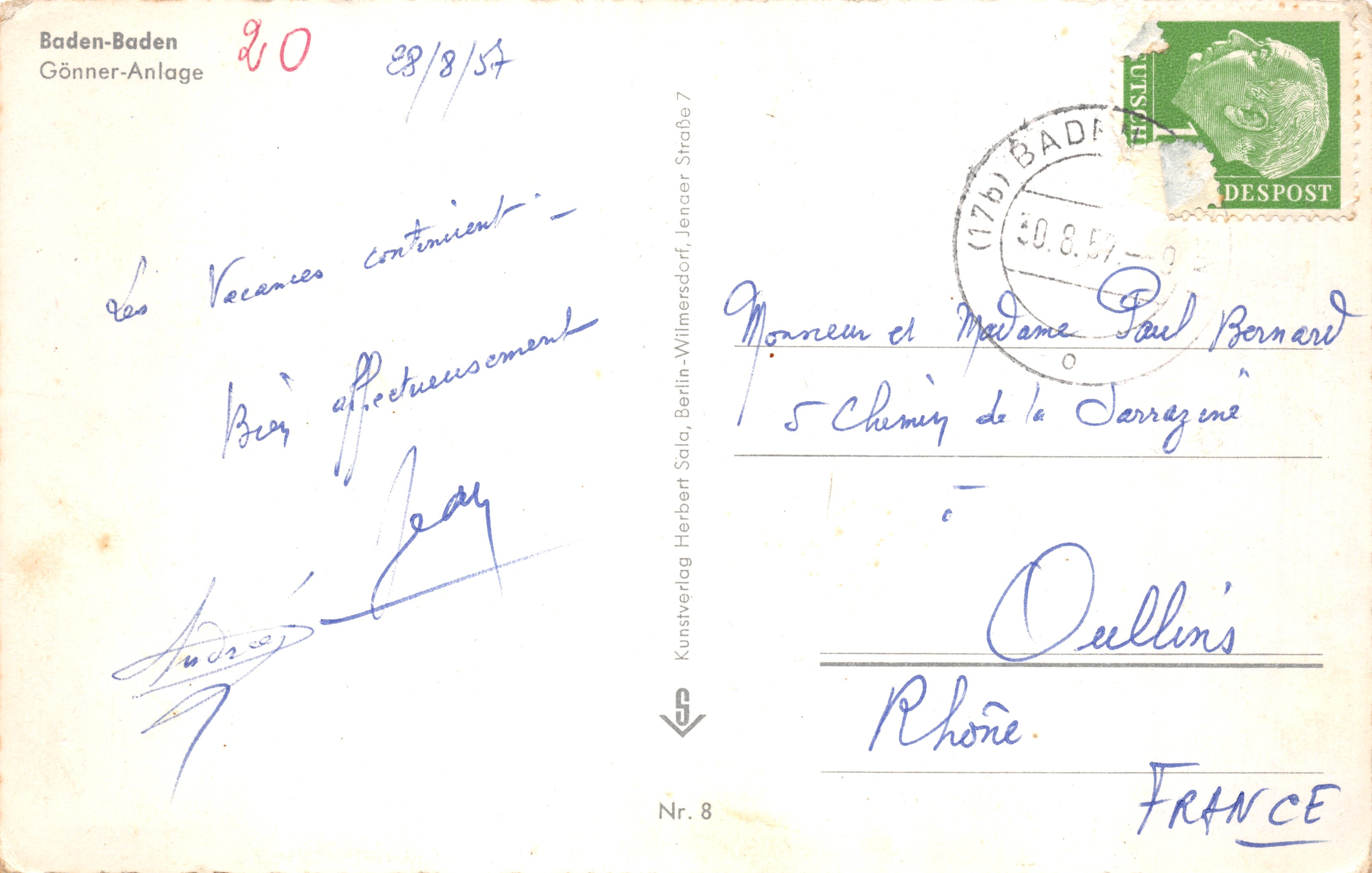 Baden-Baden — Fontaine de la Görner-Anlage — Kunstverlag Herbert, Nr. 8 — Verso