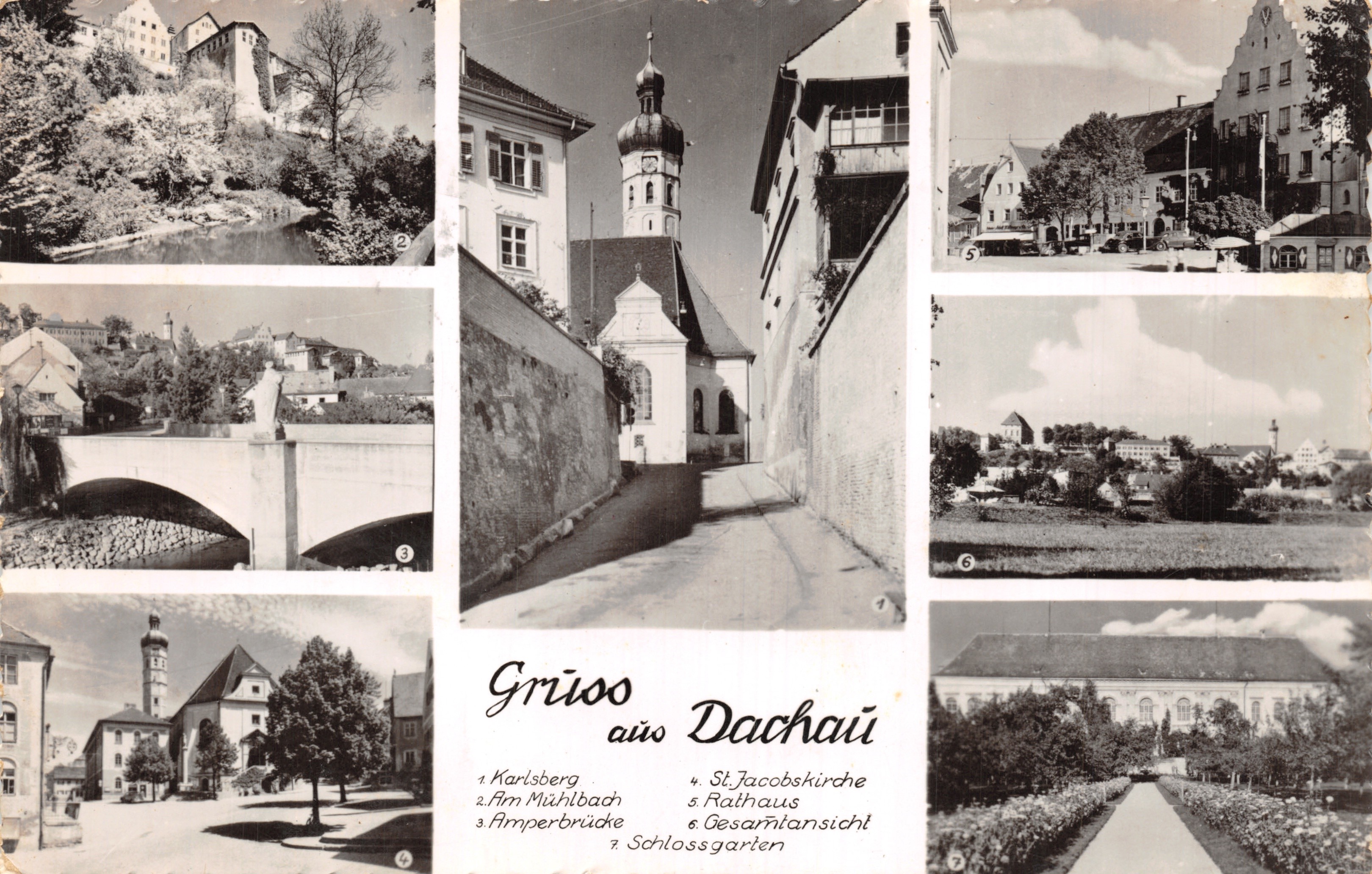Dachau — panoramisch uitzicht met Karlsberg, Amperbrücke, St. Jacobskirche en Schlossgarten — uitgever Toto Walcher Verlag